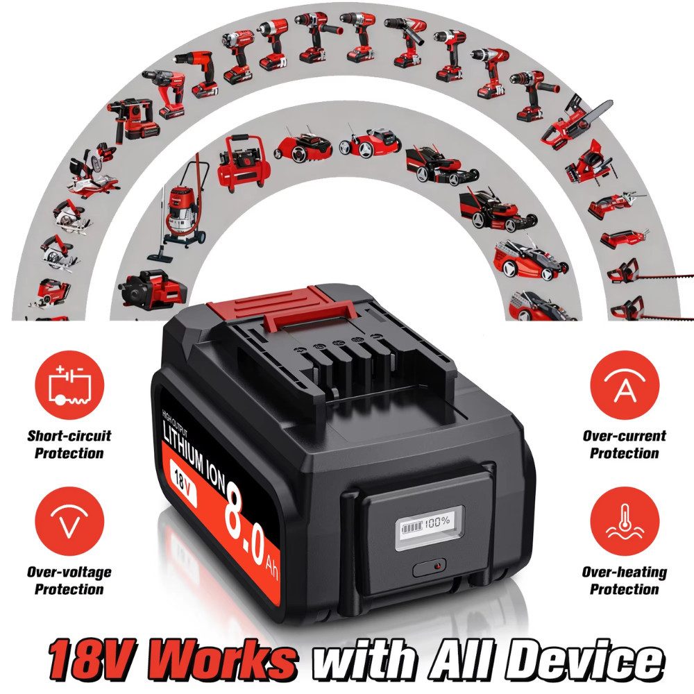 Athlix Ersatzakku 8000 mAh für EINHELL Lithium-Ionen-Batterie Werkzeuge Akkupacks 8000 mAh (18 V, 1 St), Schutz vor Tiefentladung, Hohe Energiedichte – Bild 2 von 5