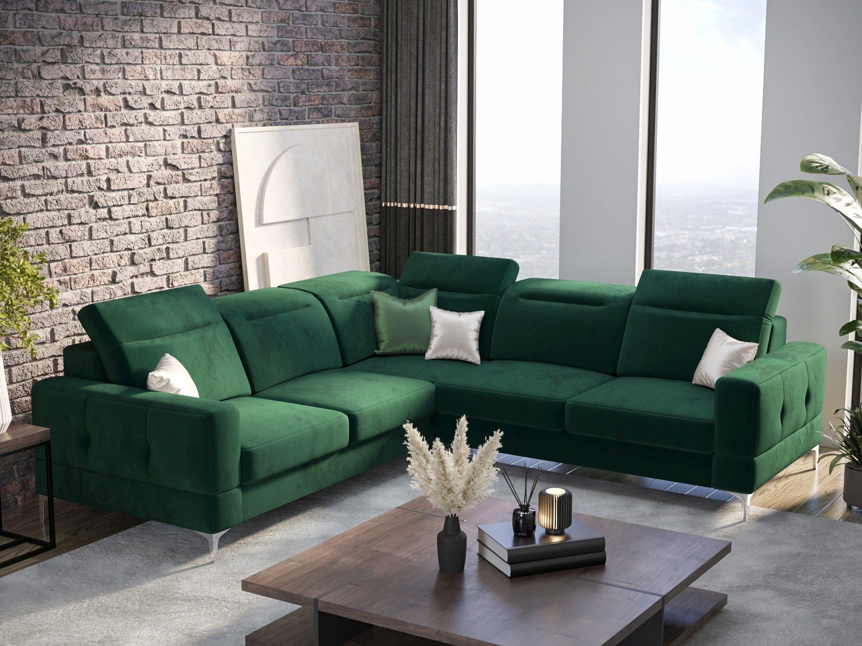 Möbel für Dich grün Bettkasten, Schlaffunktion, Malibu mit mit Veloursstoff Element Max, Ecksofa Farbauswahl Stoff- 20 und