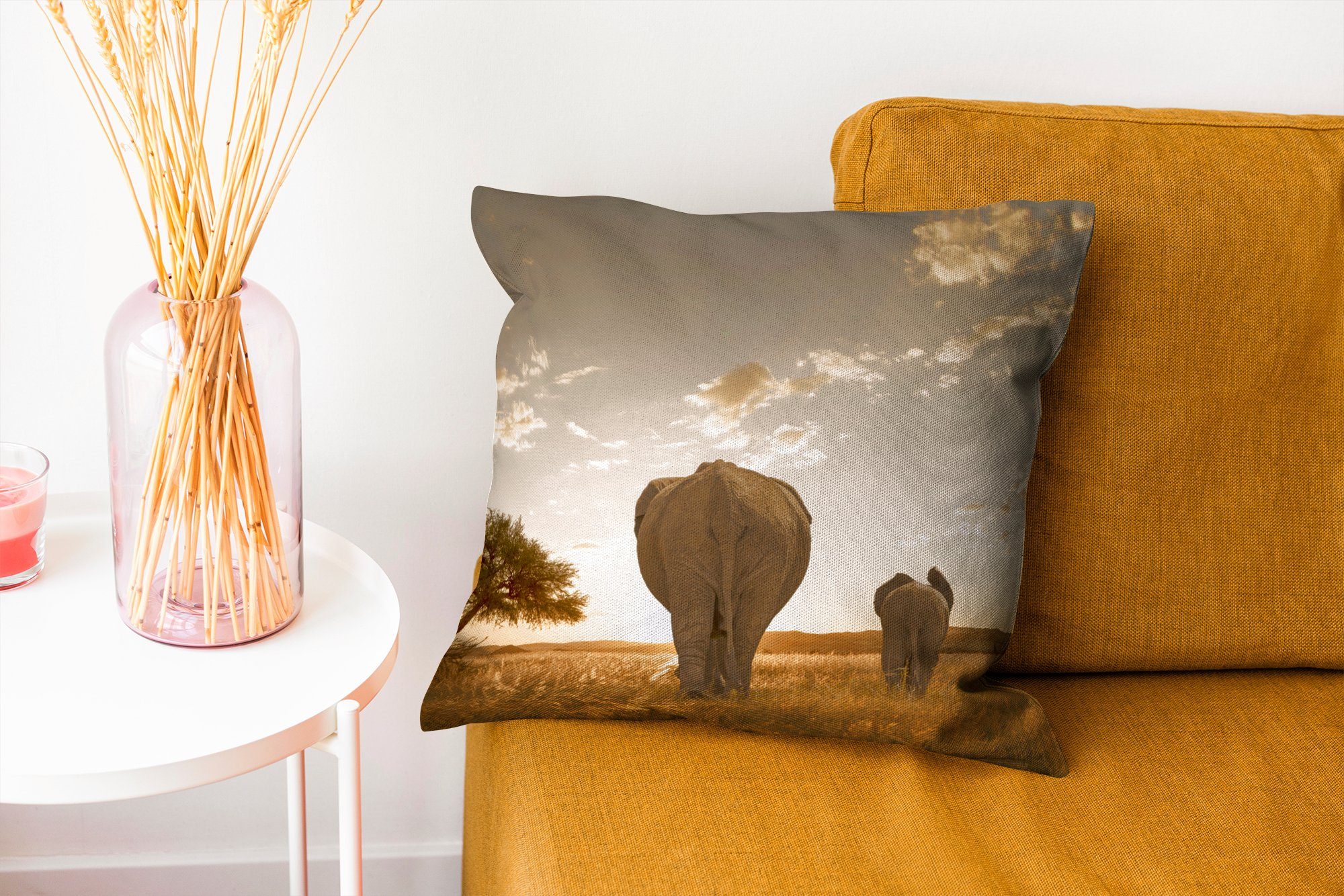 MuchoWow Dekokissen Elefant - mit Deko, Wohzimmer, Füllung - Zierkissen für Schlafzimmer, Sonne Sofakissen Safari