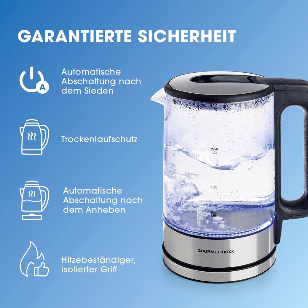 GOURMETmaxx Wasserkocher Glas 1,7 Liter mit integrierter Beleuchtung, 2200 W, Leistungsstarker Boiler mit Abschaltfunktion & Kalkfilter [Silber]