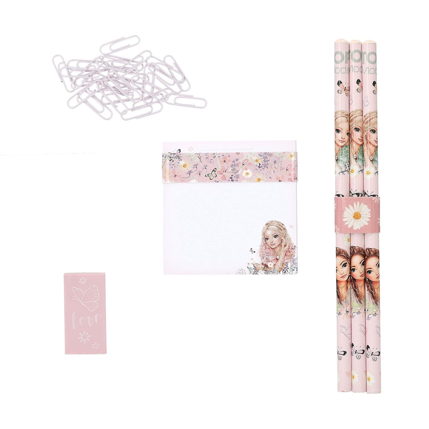 Depesche Malstift Schreibwaren Box Rosa mit Model Motiv und Blumen Muster, Inkl. Papier, Bleistiften, Radiergummi, Lineal uvm.
