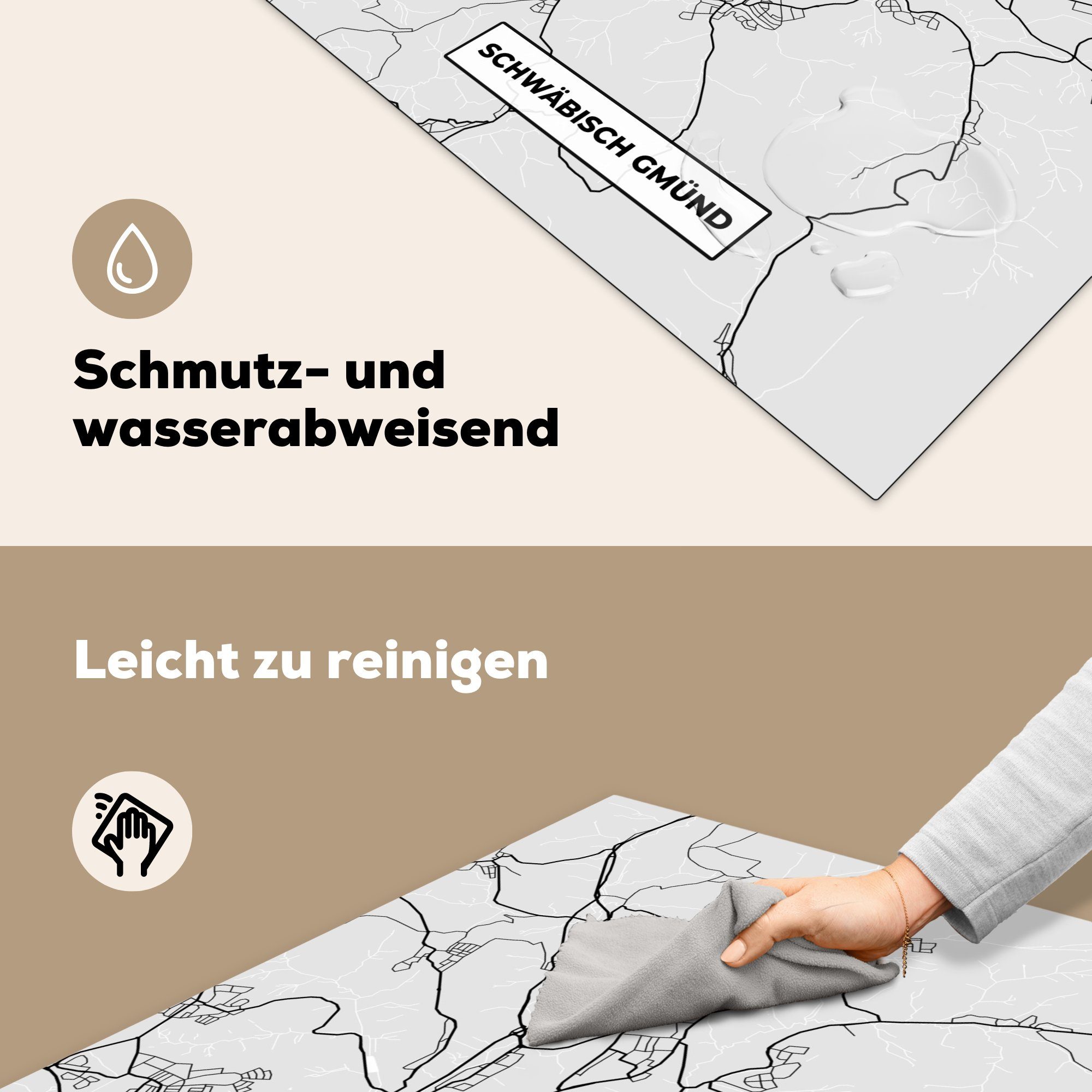 MuchoWow Herdblende-/Abdeckplatte Karte 78x78 - Gmünd - (1 Ceranfeldabdeckung, cm, Arbeitsplatte küche - - Stadtplan, Vinyl, Deutschland tlg), Schwäbisch für Karte