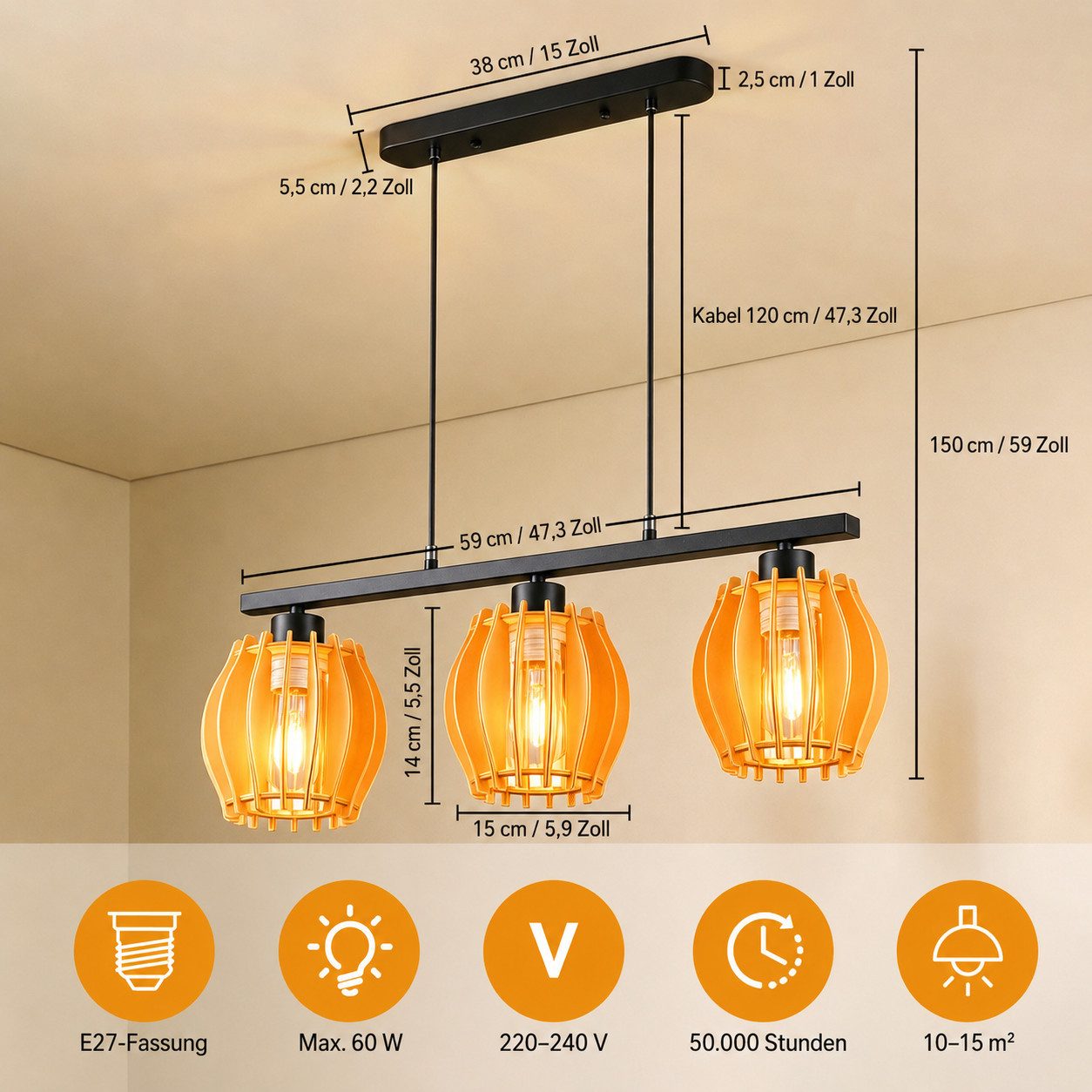 BlingBin Pendelleuchte 3-flammig Hängelampe, ohne Leuchtmittel, 3 x E27, ohne Leuchtmittel, E27 Hängeleuchte aus Metall und Holz, höhenverstellbar und kürzbar