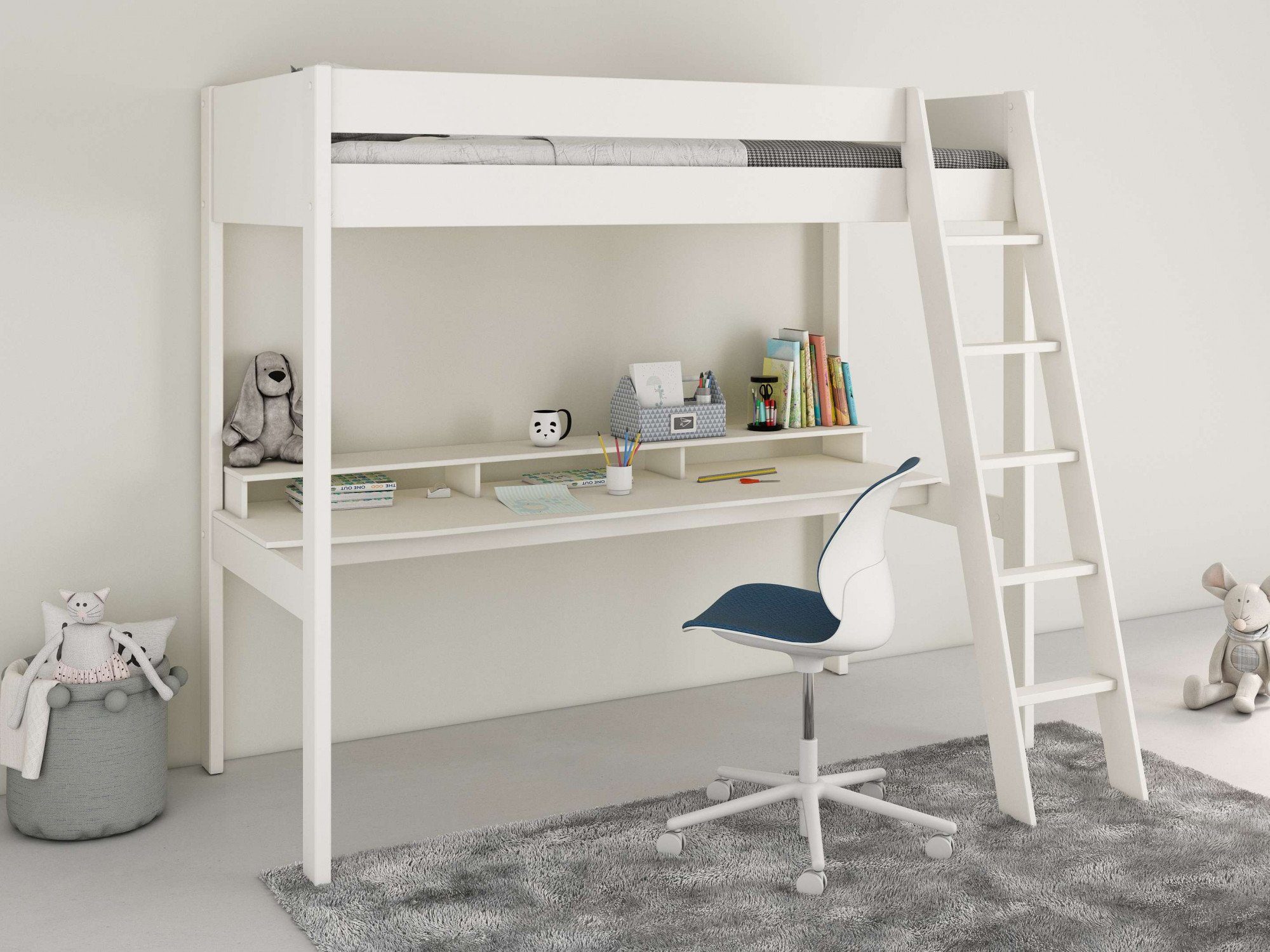 Lüttenhütt Hochbett "ROBIN", inklusive Schreibtisch, mit Regal, Kieferbett, zertifiziertes Massivholz, platzsparend, ideal für kleine Räume