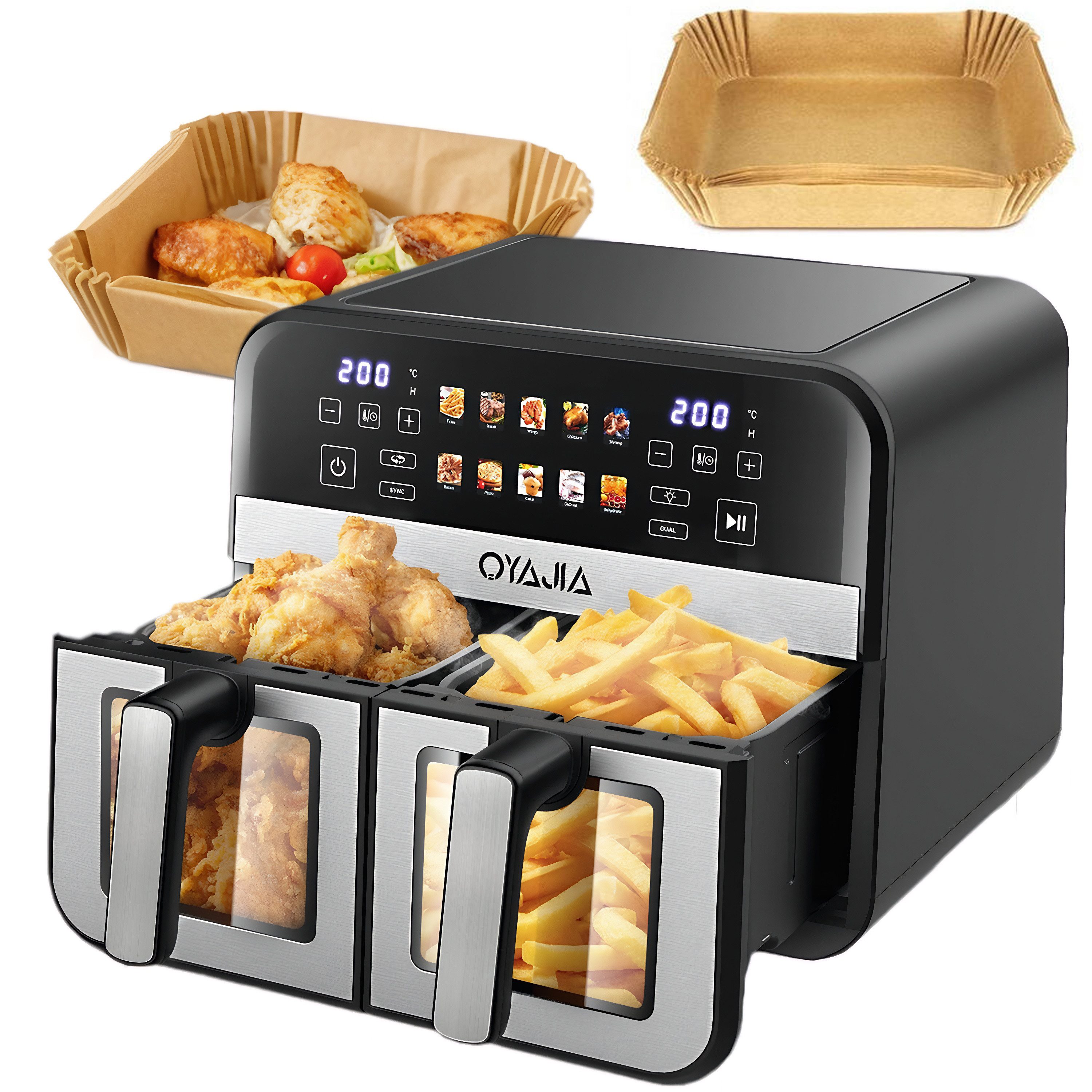 oyajia Heißluftfritteuse 9L Heißluftfritteuse RA930DSV XXL, 2 separat gesteuerte Garkammern, 2800,00 W, Touch Display, Sichtfenster, 8 Automatikprogramme/je 4,5 l pro Korb