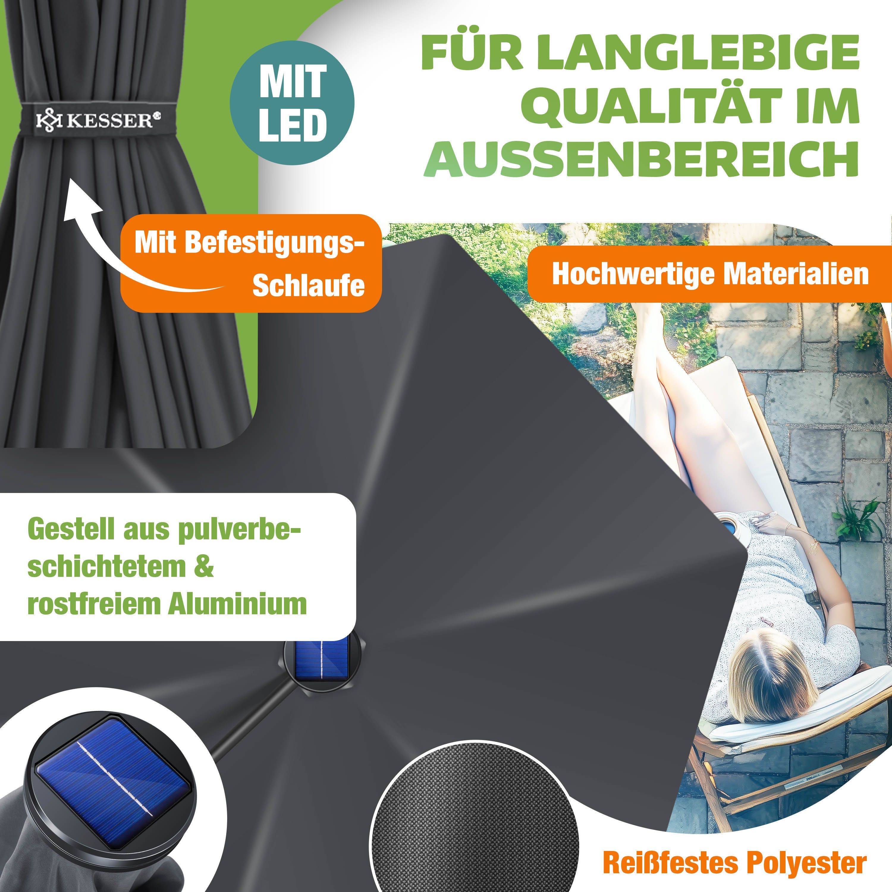 KESSER Ampelschirm ⌀300cm Alu Sonnenschirm mit LED Solar Inkl. Abdeckung & Fernbedienung, Kurbelschirm mit Ständer Wasserabweisend, 360° Funktion & UV-Schutz