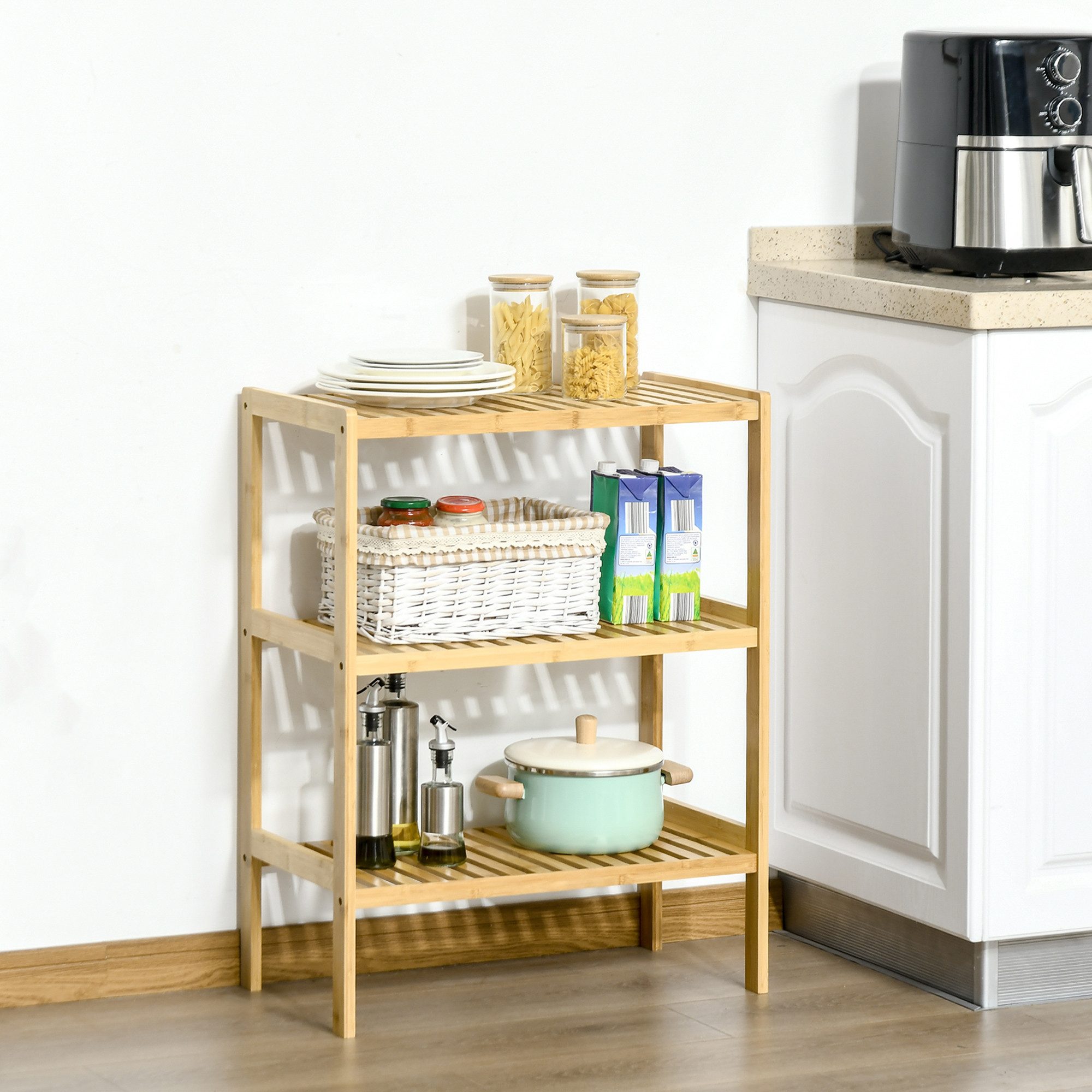 HOMCOM Standregal Badregal mit 3 Ebenen, Bambusregal, Küchenregal, Flur, Mehrzweckschrank 1-tlg., für Wohnzimmer, Natur