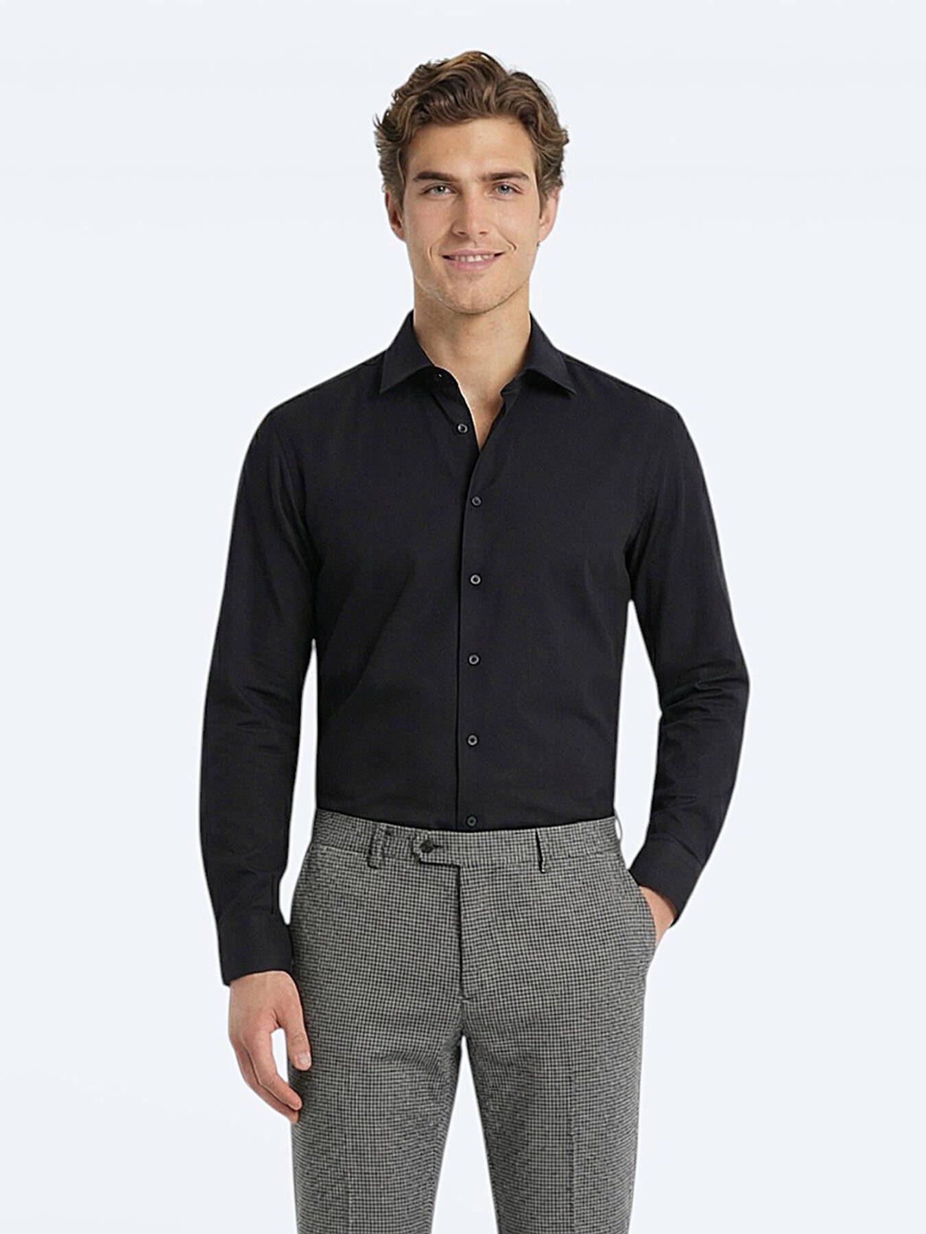 KİP Hemdbluse Schwarzes Klassisches Baumwollhemd, Slim Fit