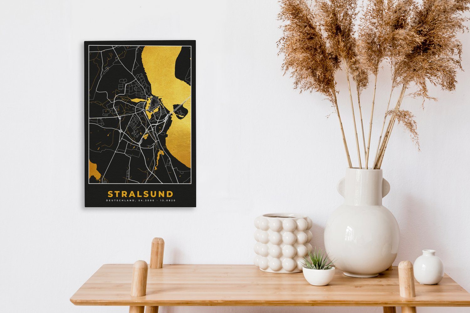 OneMillionCanvasses® Leinwandbild Stralsund fertig bespannt St), - Leinwandbild 20x30 Deutschland, - cm Gold Stadtplan Karte Gemälde, inkl. Zackenaufhänger, - - (1