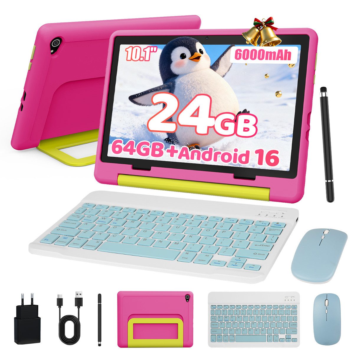 BUFO Android 16 10-Zoll, 24(3+21) GB RAM + 64 GB ROM (TF Expand 1TB) Kinder Tablet (10", 64 GB, Android 16, WiFi 6, mit Tastatur/Maus/Stift, Augenschutz-Tablet mit Eltern-Kontrolle)