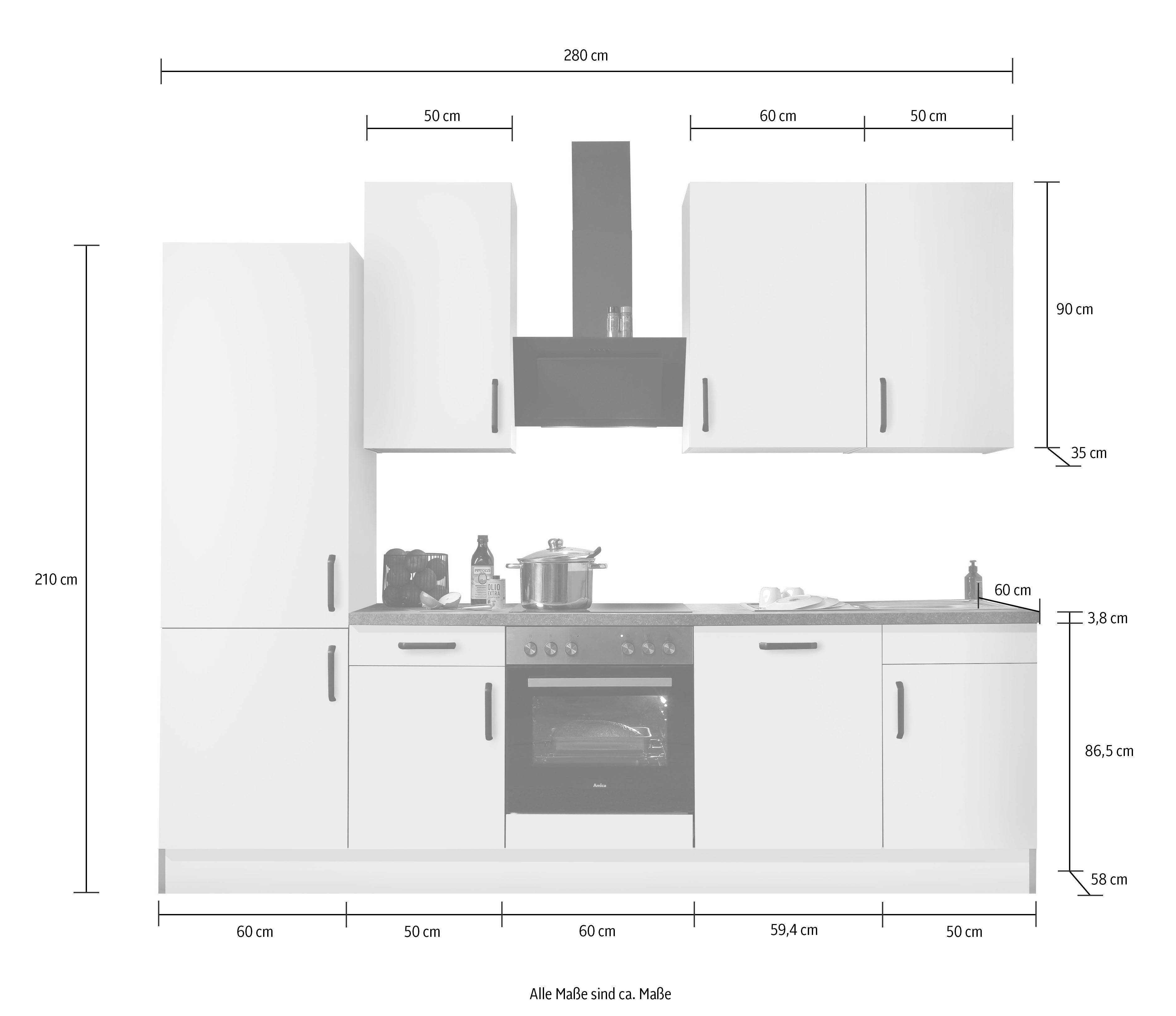 Front: Arbeitsplatte: mit Küchenzeile Auszügen Küchen in Eiche Breite wahlweise, mit und Soft-Close-Funktion Schubkästen 280 cm, Anthrazit, wiho "Simi", Remo E-Geräten, Füßen, San verstellbaren