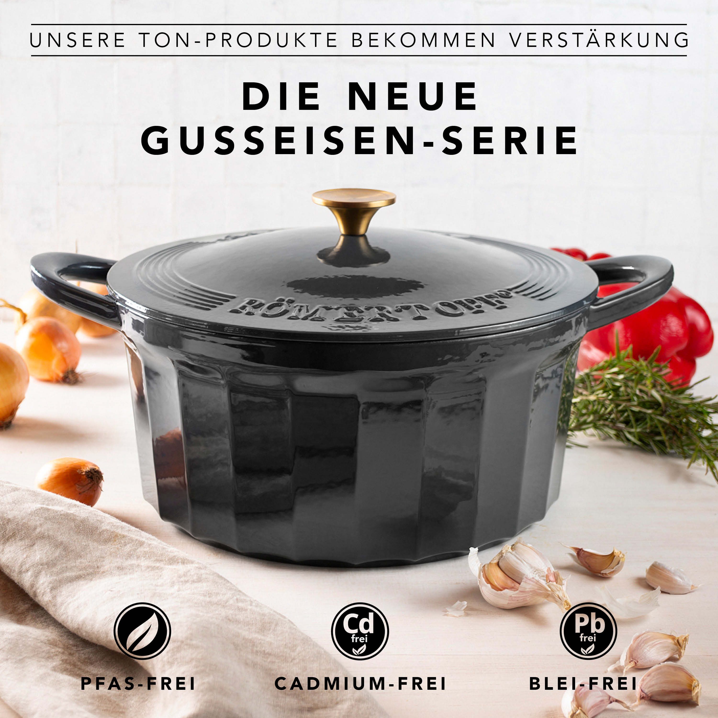 RÖMERTOPF Bratentopf Gusseisen Topf 28cm Schwarz, Gusseisen (Set, 2-tlg., Set mit Deckel), Backofengeeignet Induktionsgeeignet Zum Braten, Schmoren, Kochen