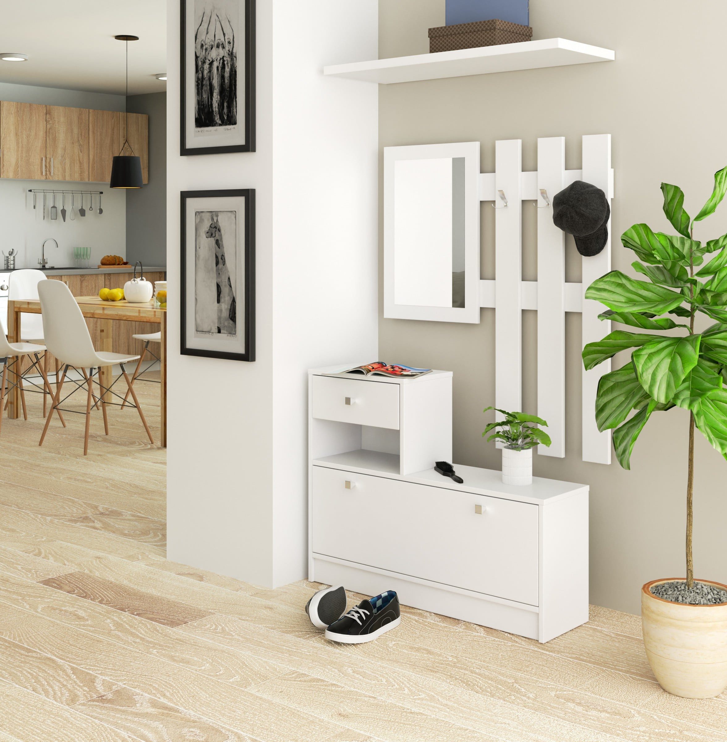 Raumhirsch Furniture Schuhschrank Möbelset für den Flur, Schuhschrank + Garderobe mit Spiegel 90cm Schuhschrank, Schublade mit 2 Einlegeböden 90x25x170 cm