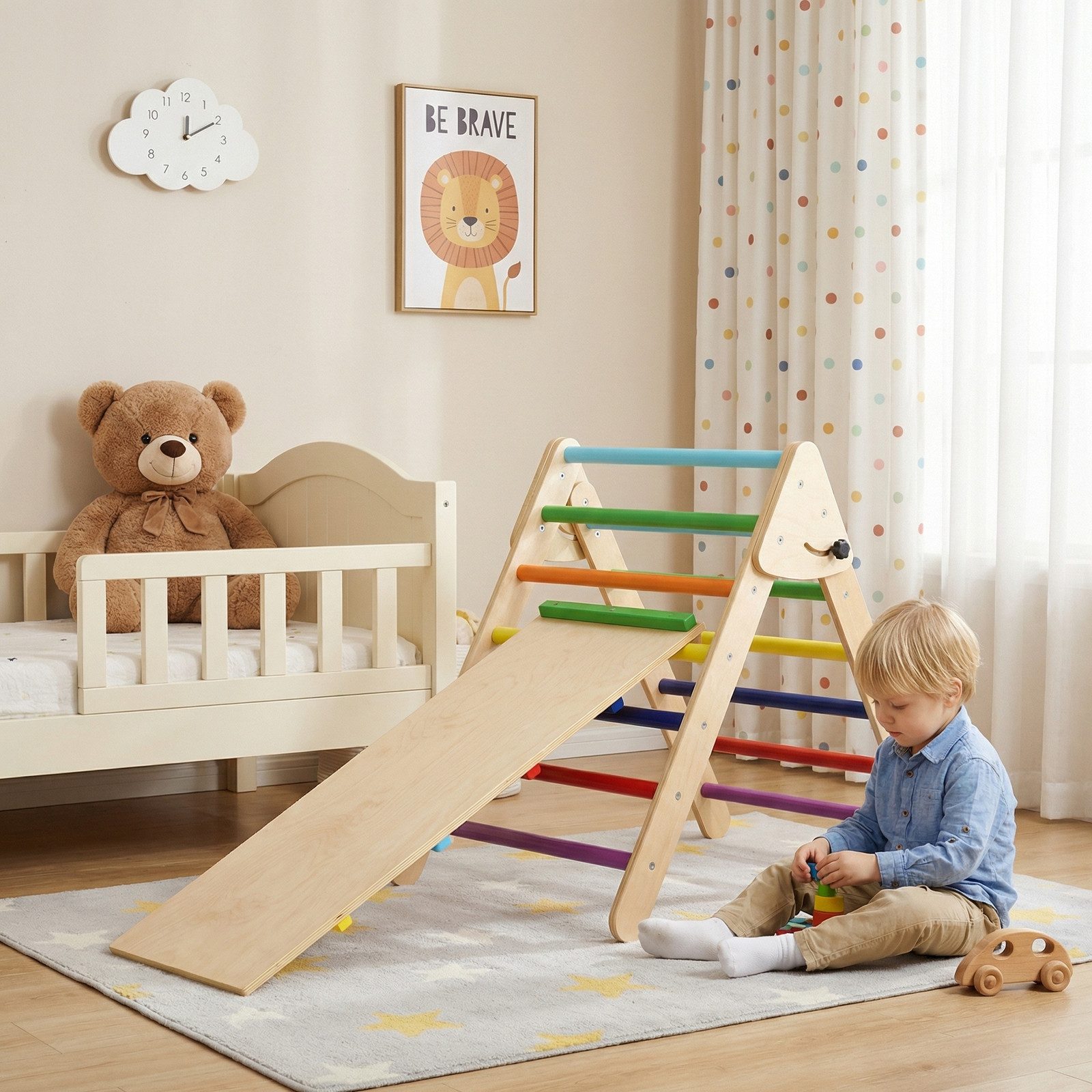 TLGREEN Klettergerüst Indoor Klappbar, 2 in 1 Kletterdreieck mit Rutsche, (Holz Montessori Motorik Spielzeug, 2-St., Ideal für Anfänger, kleine Wohnungen und den Einstieg), Kletterdreieck klappbar