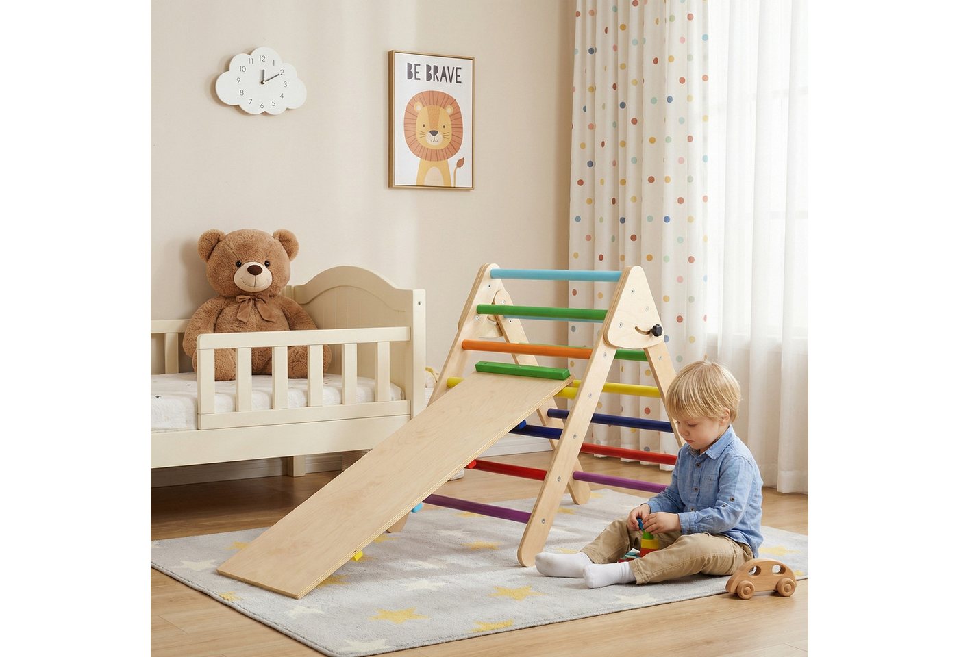 TLGREEN Klettergerüst Indoor Klappbar, 2 in 1 Kletterdreieck mit Rutsche, (Holz Montessori Motorik Spielzeug, 2-St., Ideal für Anfänger, kleine Wohnungen und den Einstieg), Kletterdreieck klappbar