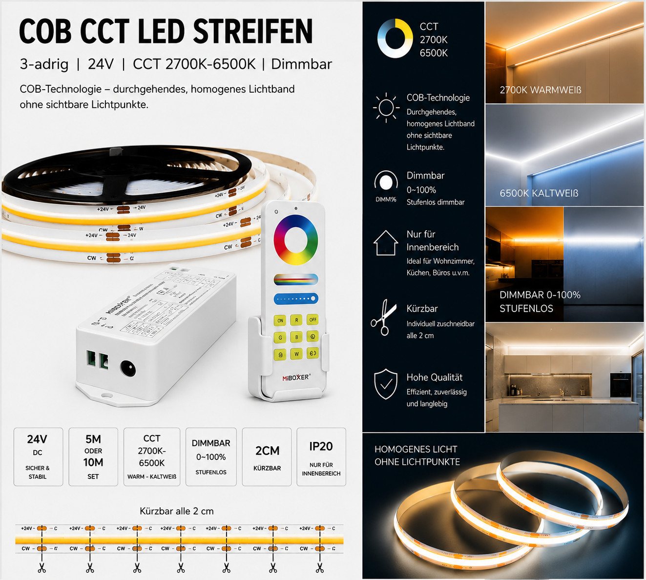 GTV LED Stripe 24V COB CCT LED Strip Punktfreie Durchgehende 2700K-6500K dimmbar, COB-Lichtlinie alle 2 cm kürzbar Set inkl. Touch-Fernbedienung