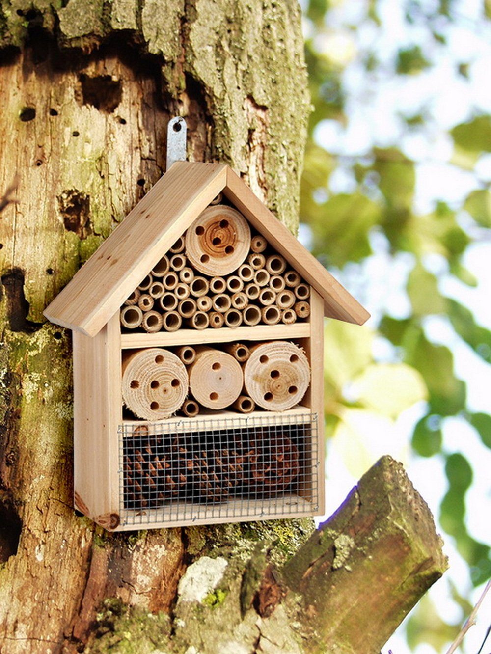 Haushalt International Insektenhotel Insektenhaus Nistkasten Insektenhöhle Winterhaus Größe: 25x10x30 cm, Mit verschiedenen Naturmaterialien (Tannenzapfen, Bambus) gefüllt