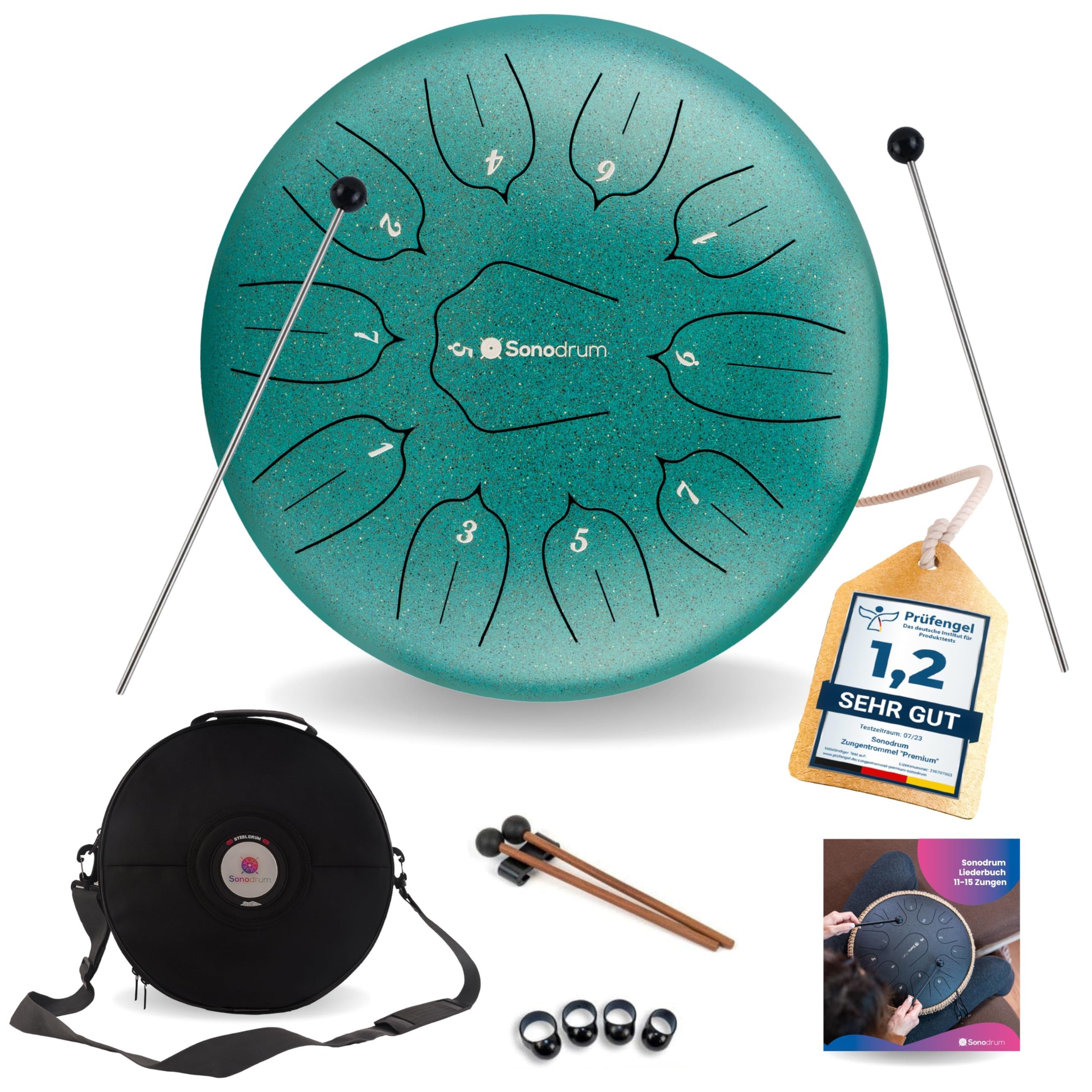 Sonodrum Steel Tongue Drum C - Dur, Zungentrommel 30 cm groß mit 11 Tönen,Steel Drum, Inkl. Liederbuch, Schlägel, Fingersticks und Tragetasche