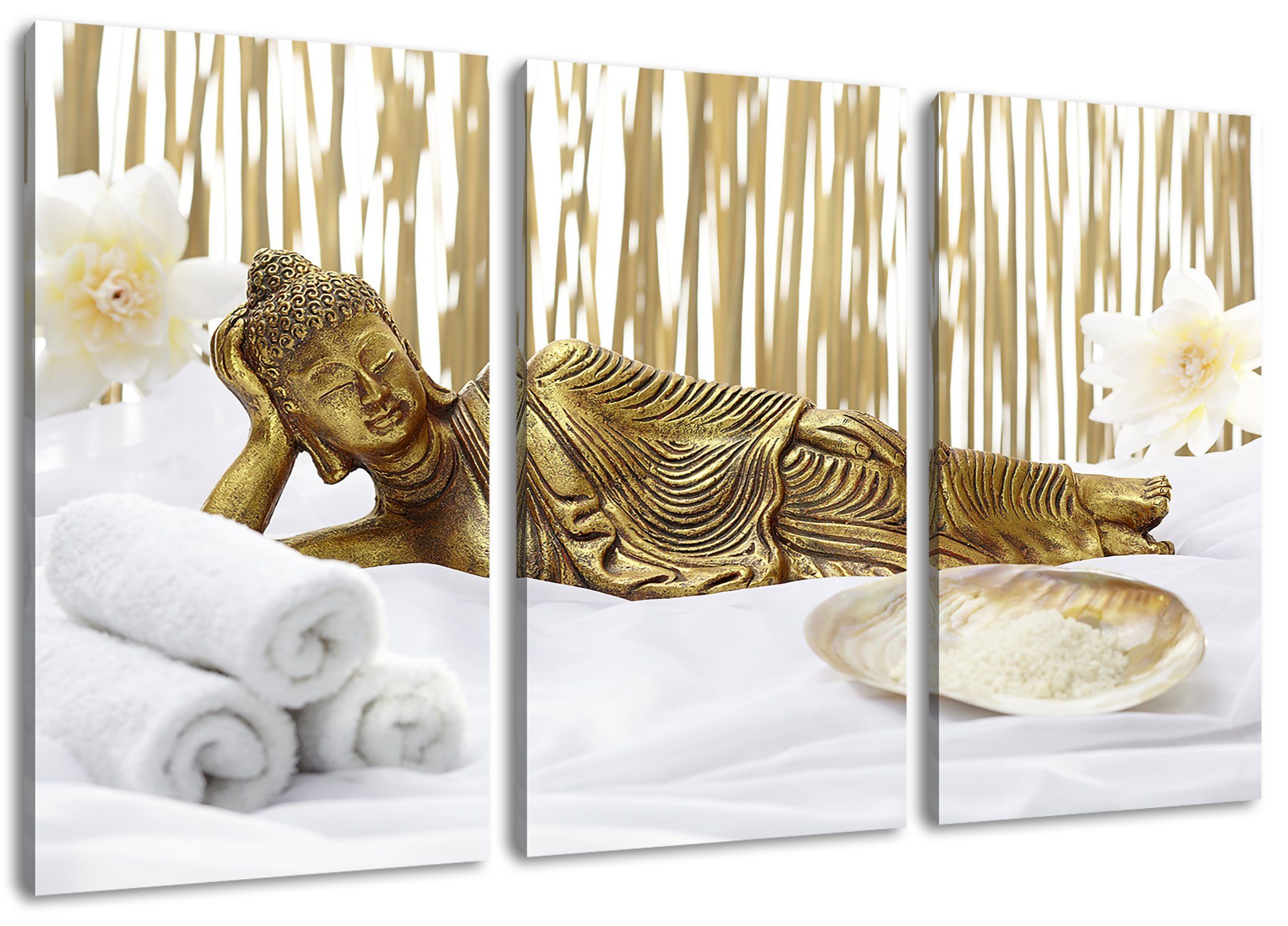 Pixxprint Leinwandbild goldener Buddha goldener (120x80cm) (1 bespannt, fertig St), inkl. Buddha auf auf Handtuch, Leinwandbild Handtuch 3Teiler Zackenaufhänger