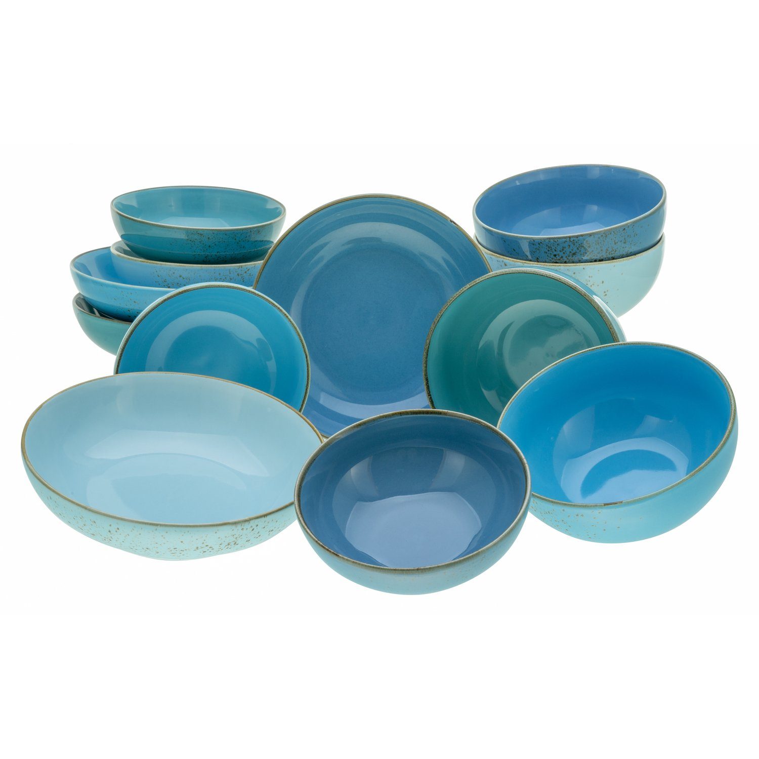 Reaktivglasur kombiniert NATURE Set, CreaTable mit für am Personen, (Set, - COLLECTION und 4 im Rand Steinzeug, Aqua, Servierschale, Müslischale, Sprenkeln Naturfarben Schale Salatschale, 12-tlg),