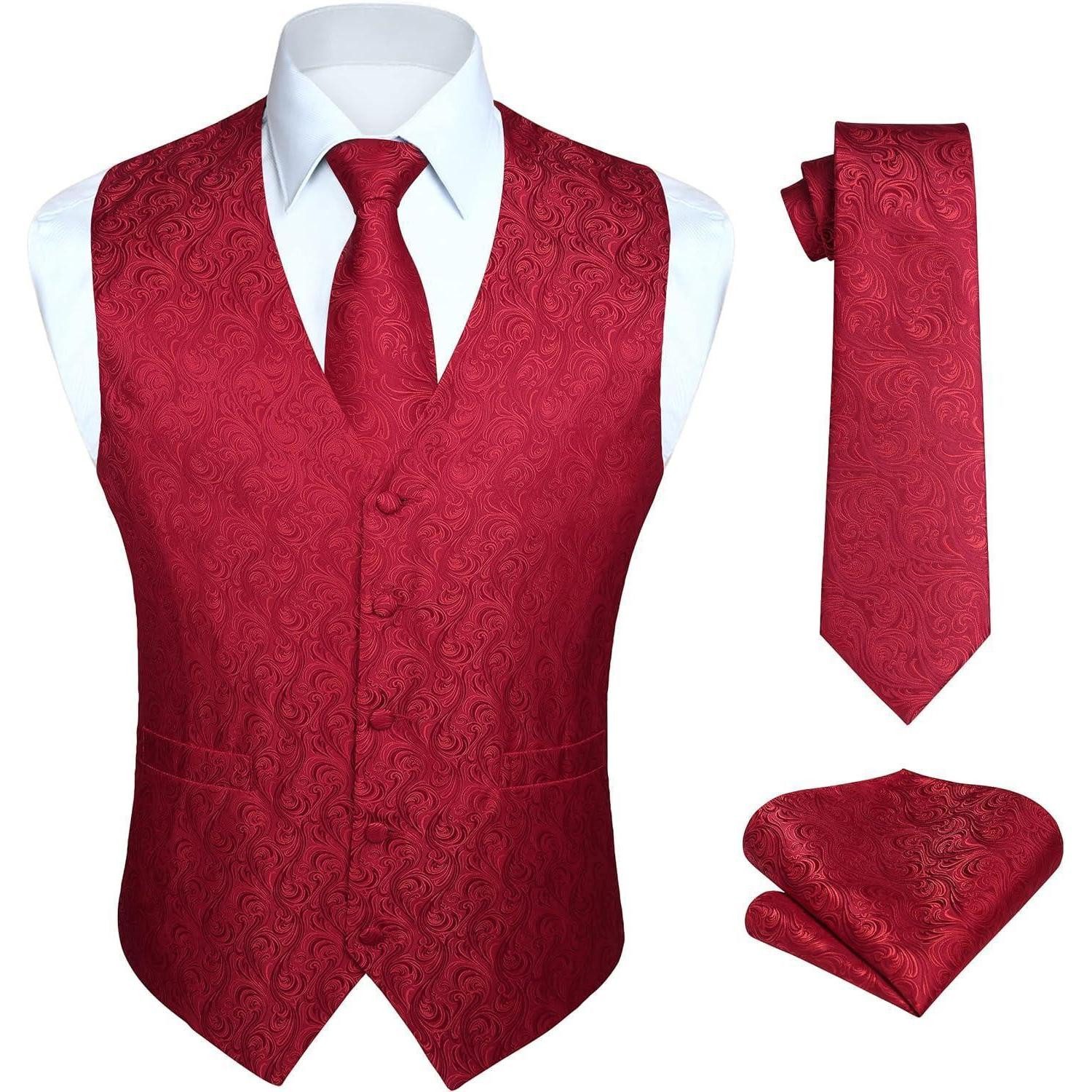 LuxusKollektion Krawatte Weste Herren Hochzeit Jacquard Krawatte Einstecktuch Anzug S Rot