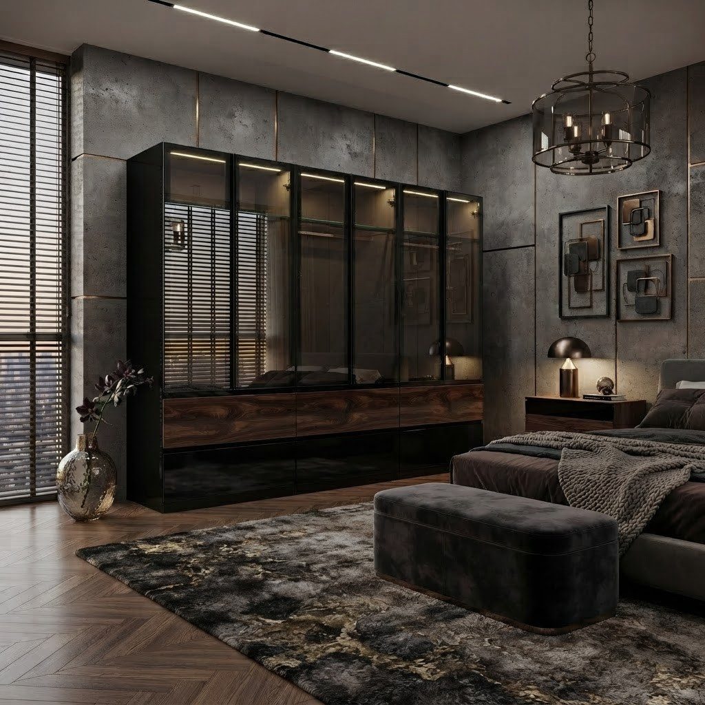 Palms-Store Kleiderschrank Sansibar mit Glastüren, 6 Schubkasten inkl. Beleuchtung Breite: 300cm, Höhe: 218cm, Tiefe: 62cm