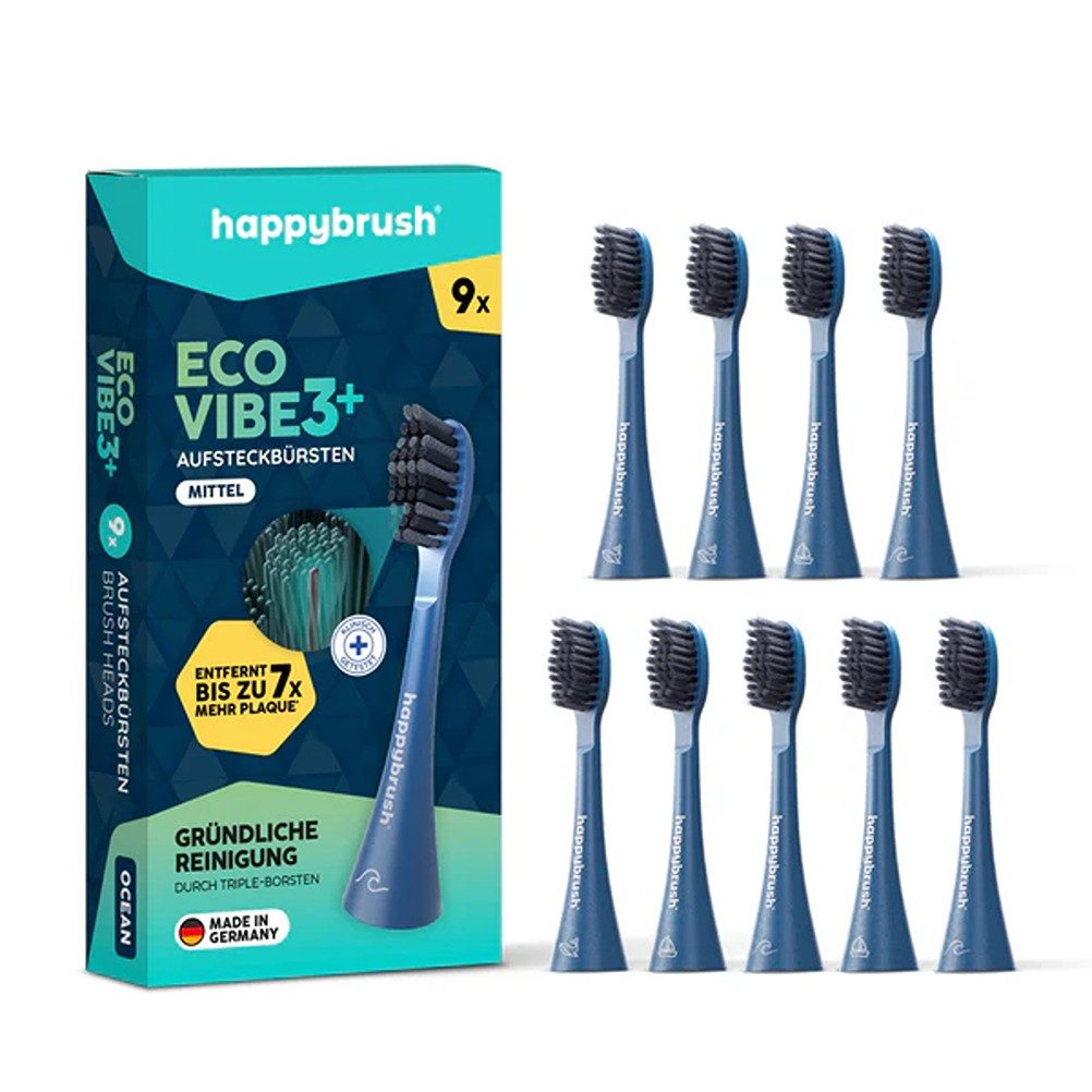 happybrush Aufsteckbürsten V3 Ocean - mit Wechselindikator - 9 Stück - Spar-Set, für happybrush Eco Vibe 3, hochwertige Triple-Borsten, Wechselindikator