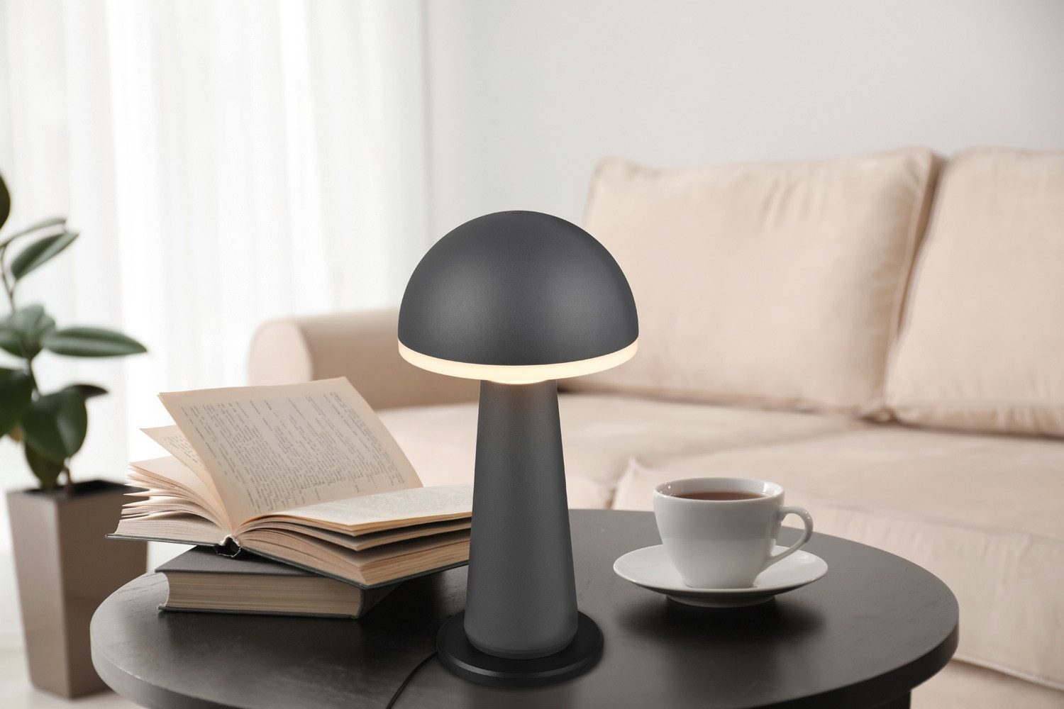 Reality Leuchten LED Tischleuchte FUNGO, H 31 cm, Schwarz, Kunststoff, Metall, Anpassung der Farbtemperatur, Dimmfunktion, LED fest integriert, Extra-Warmweiß, Neutralweiß, Tageslichtweiß, Akkubetrieben, IP54 Outdoorgeeignet, inkl. Ladestation