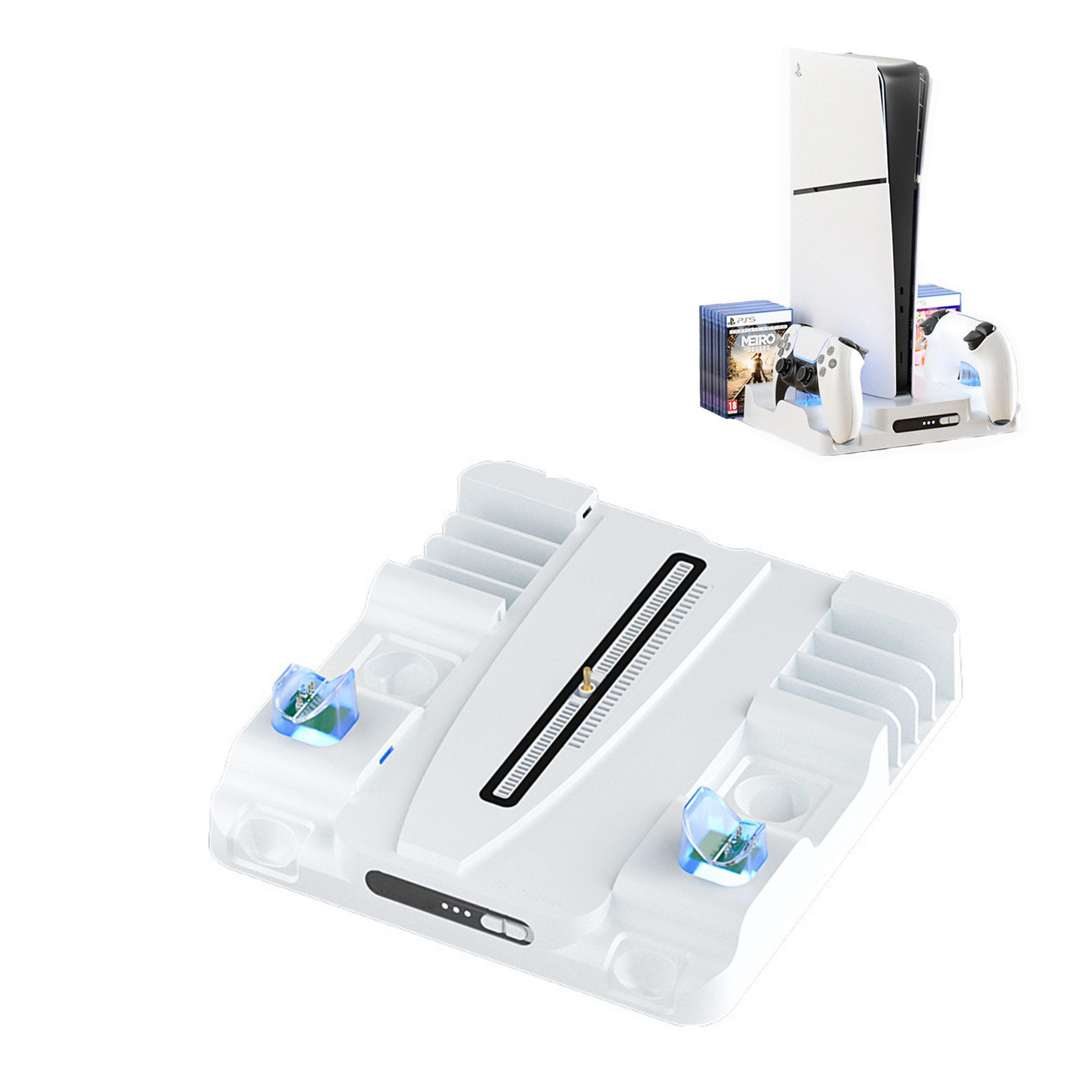 KINSI Ladestation für PS5,2 Controller-Docks & Kühlventilator Konsolen-Ladestation (Ständer mit 8 Spiel-Fächern & 2 USB-Ladeports)