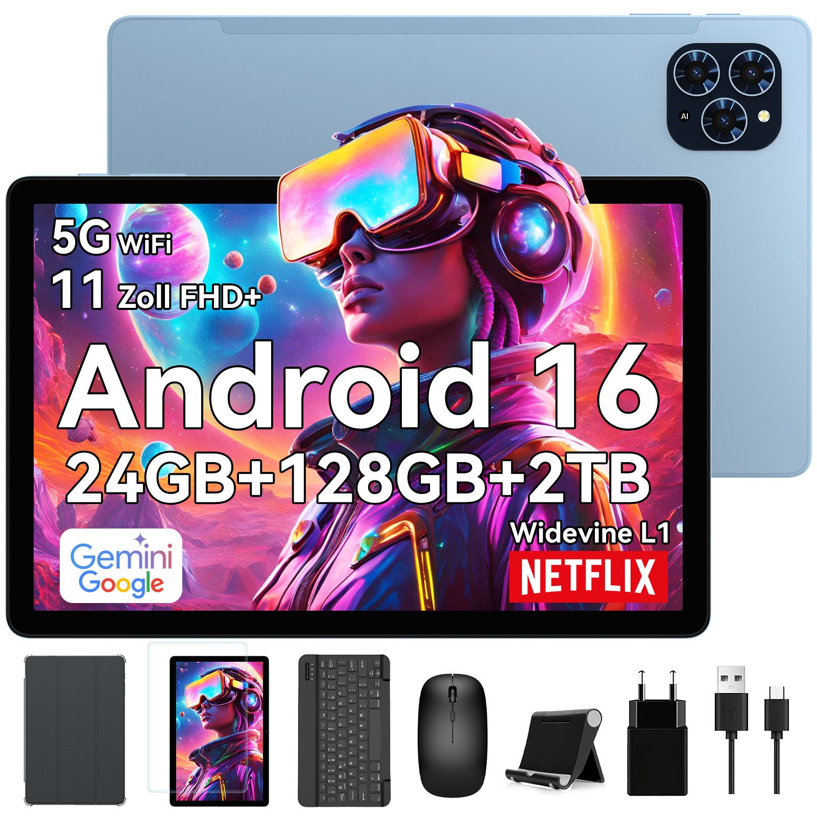 TABWEE T90 11" FHD Android 16 Tablet mit Tastatur Maus Hülle 8000 mAh WiFi Tablet (11", 128 GB, Android16, Android 16, FHD Display, Widevine L1, Gemini AI, 13 MP)