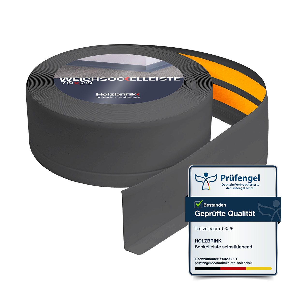 HOLZBRINK Sockelleiste PVC Weichsockelleiste selbstklebend 70x20mm Graphitgrau, L: 500 cm, 5m Rolle, Küchenabschlussleiste Arbeitsplatte, Fensterleiste, Fensterabdichtung