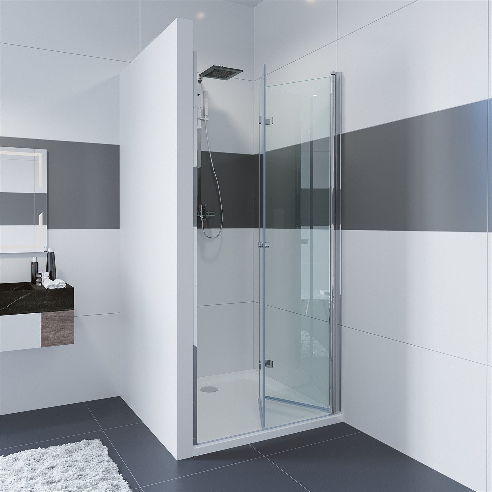 IMPTS Dusch-Drehtür Dusche Nische Duschtür Nischendusche, 70x185 cm, Sicherheitsglas, (mit hochwertigen Aluminiumprofilen in Chrome) Duschtür Faltbar Falttür Dusche Duschkabine Faltdusche