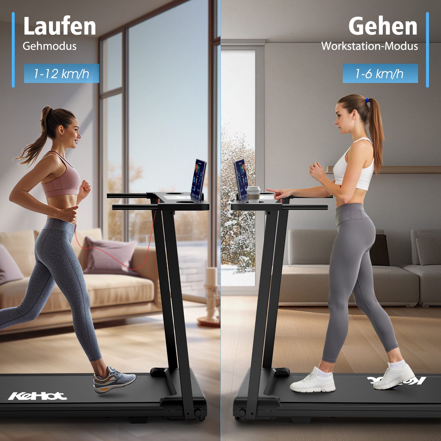 kehot Laufband Klappbares Laufband für Zuhause – 1–12 km/h & 2,5 PS Motor (Leises Homegym Laufband mit Stoßdämpfung bis 136 kg, Bluetooth App & 12 Trainingsprogramme für Cardio Training), Platzsparendes Laufband für Walking & Jogging Zuhause