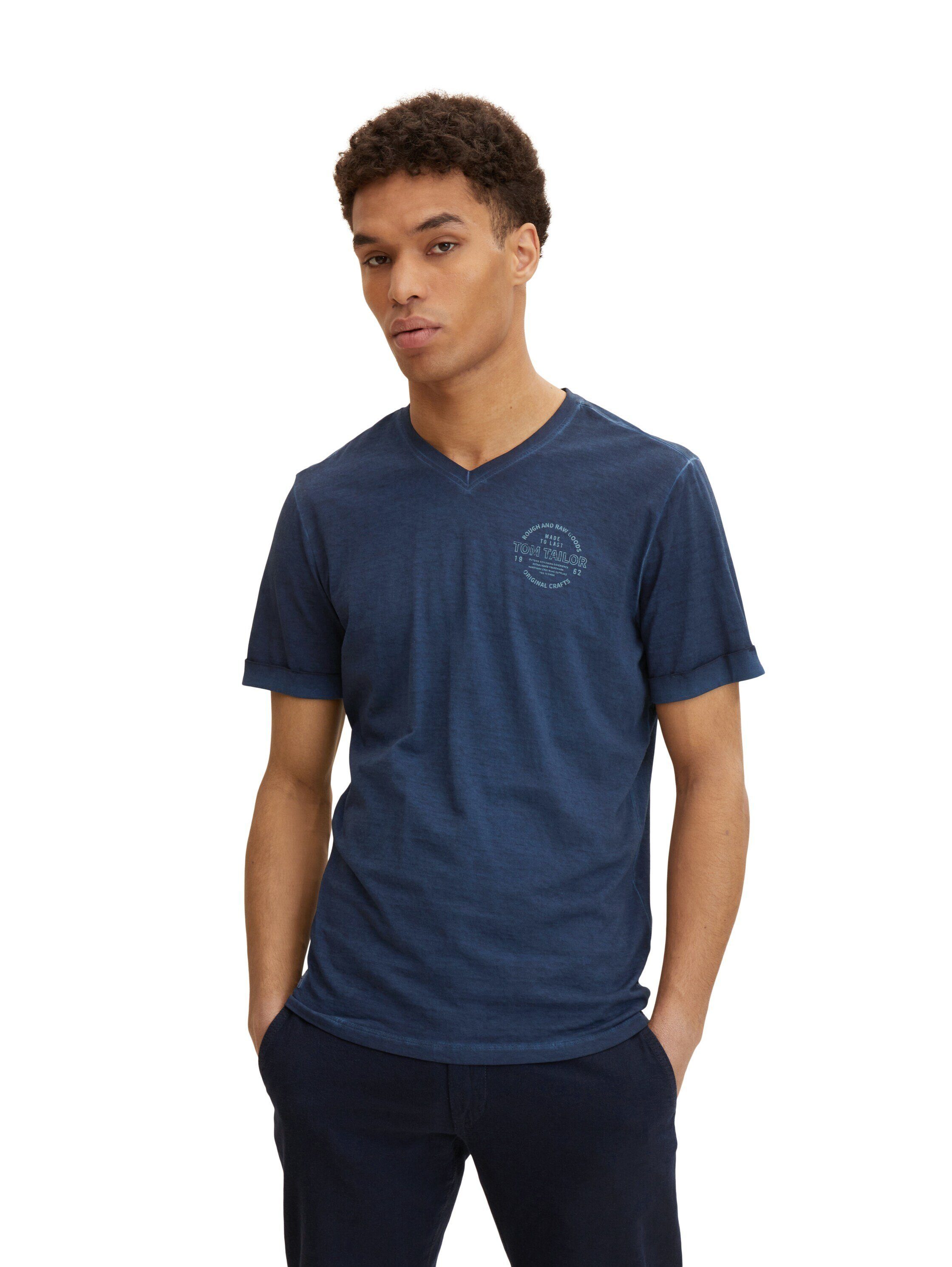 Logo V-Ausschnitt T-Shirt Print und mit TAILOR blau T-Shirt Shirt TOM