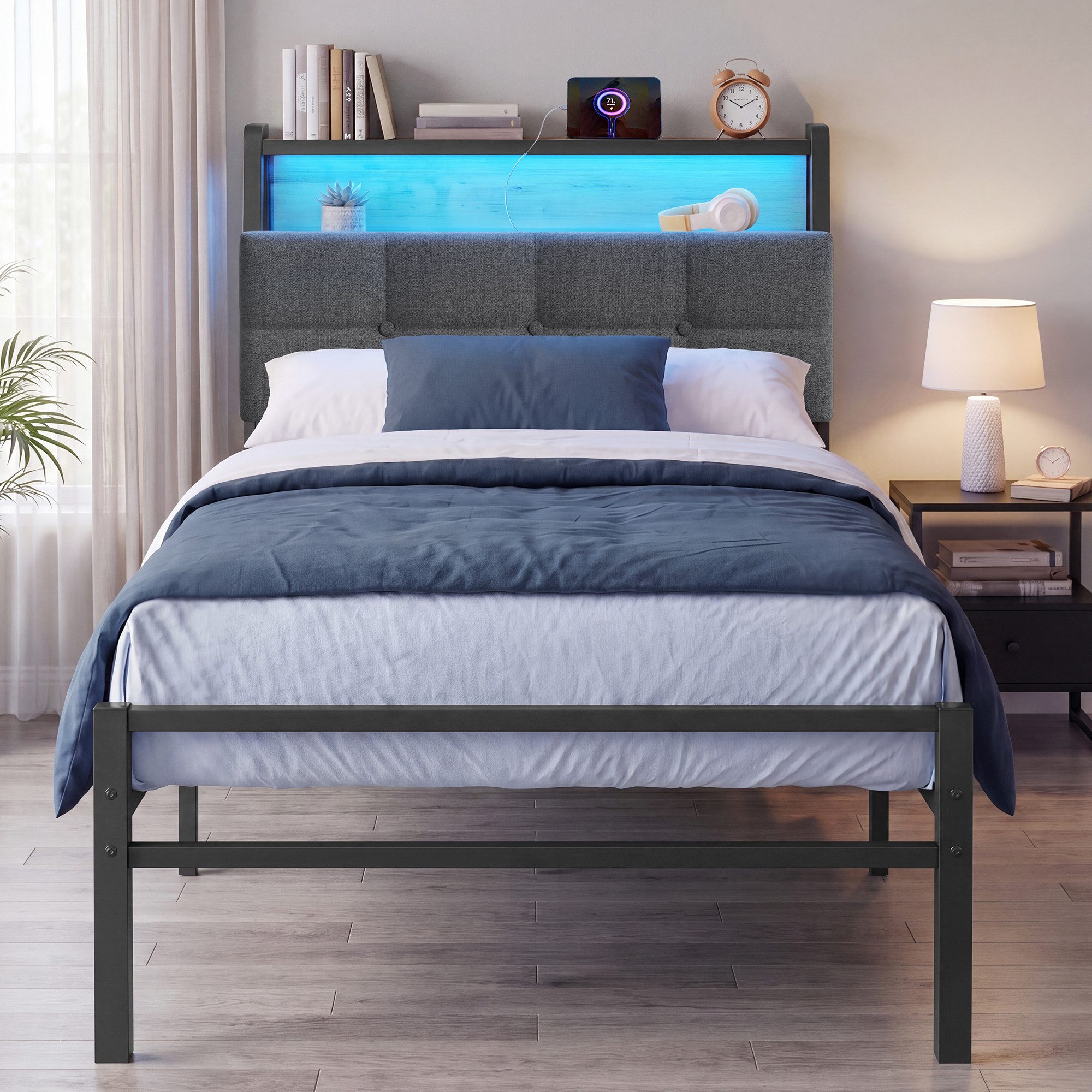 VASAGLE Bettgestell mit Kopfteil, Bett mit Stauraum und LED Beleuchtung, Steckdosen