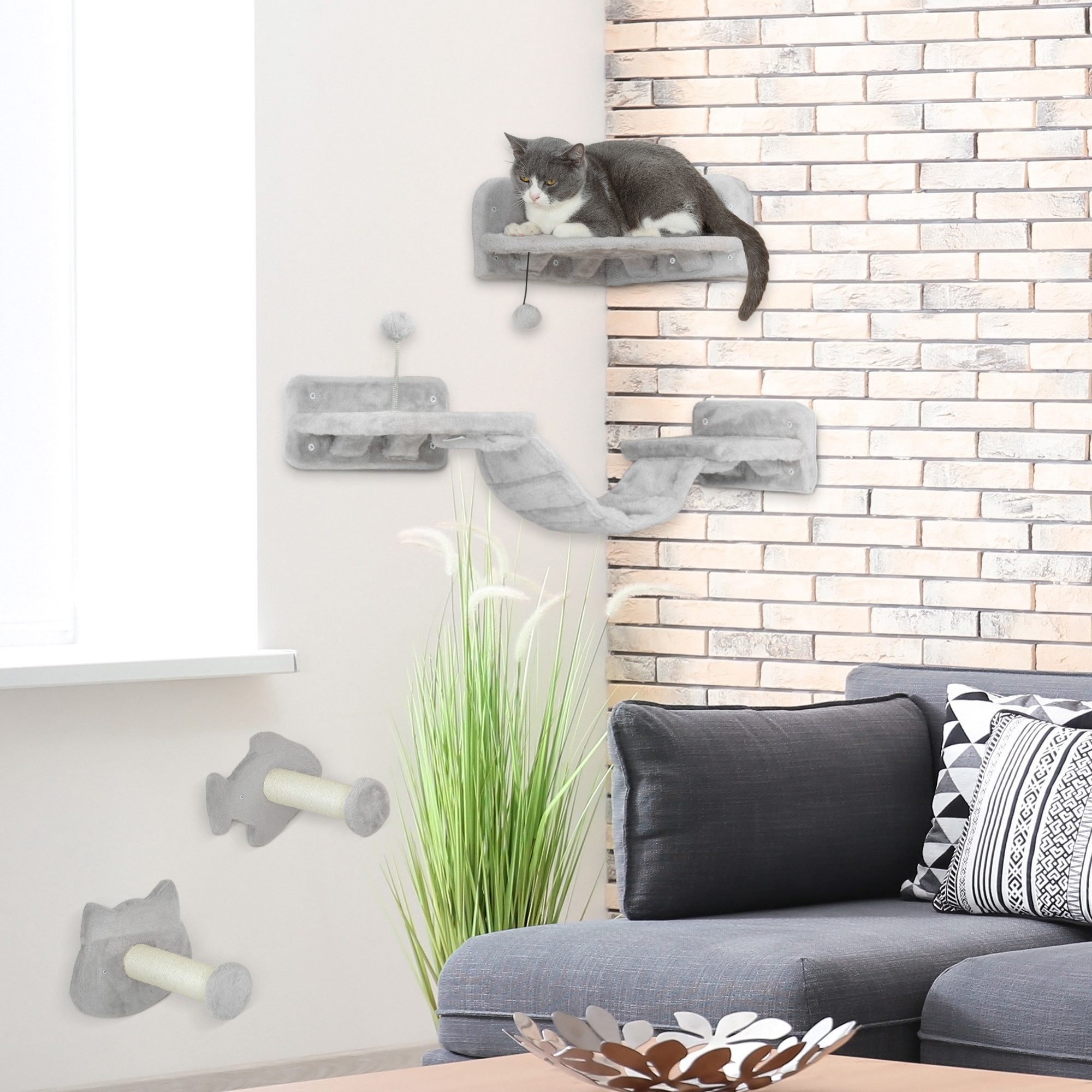 PawHut Katzen-Kletterwand Katzenmöbel mit Stufen, Leiter, Sprungtürmen, Kratzbäumen, Spielball, für Katzen bis 5 kg, Hellgrau