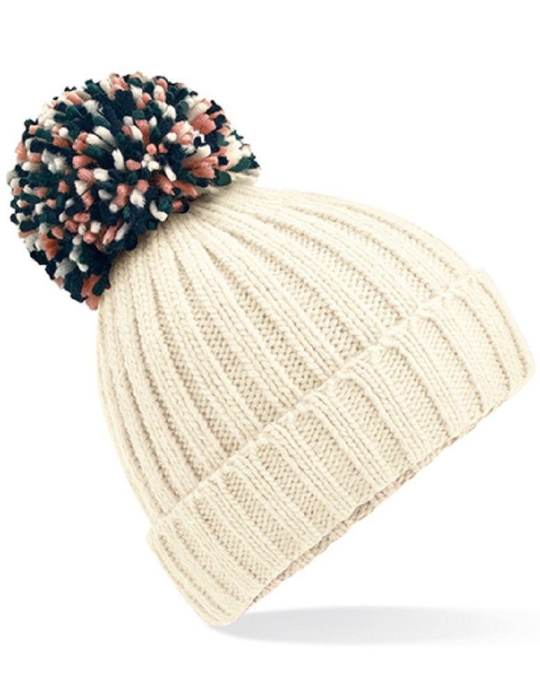 Beechfield® Bommelmütze warme Damen Wintermütze / Strickmütze/ Mütze mit Futter übergrößer, bunter Bommel - Robuster Ripp-Strick