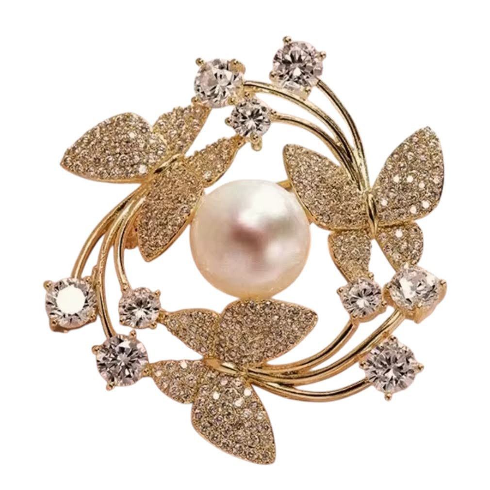 Dark-Desires Brosche Prachtvolle Schmetterlings-Brosche Gold mit Perle und Zirkonia, Damen Brosche vintage Accesssoire retro Anstecknadel