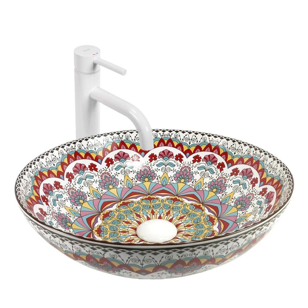 wohnwerk.idee Aufsatzwaschbecken Waschbecken Bunt Rot Blau Vintage Mexikanisch Ornamente Arte