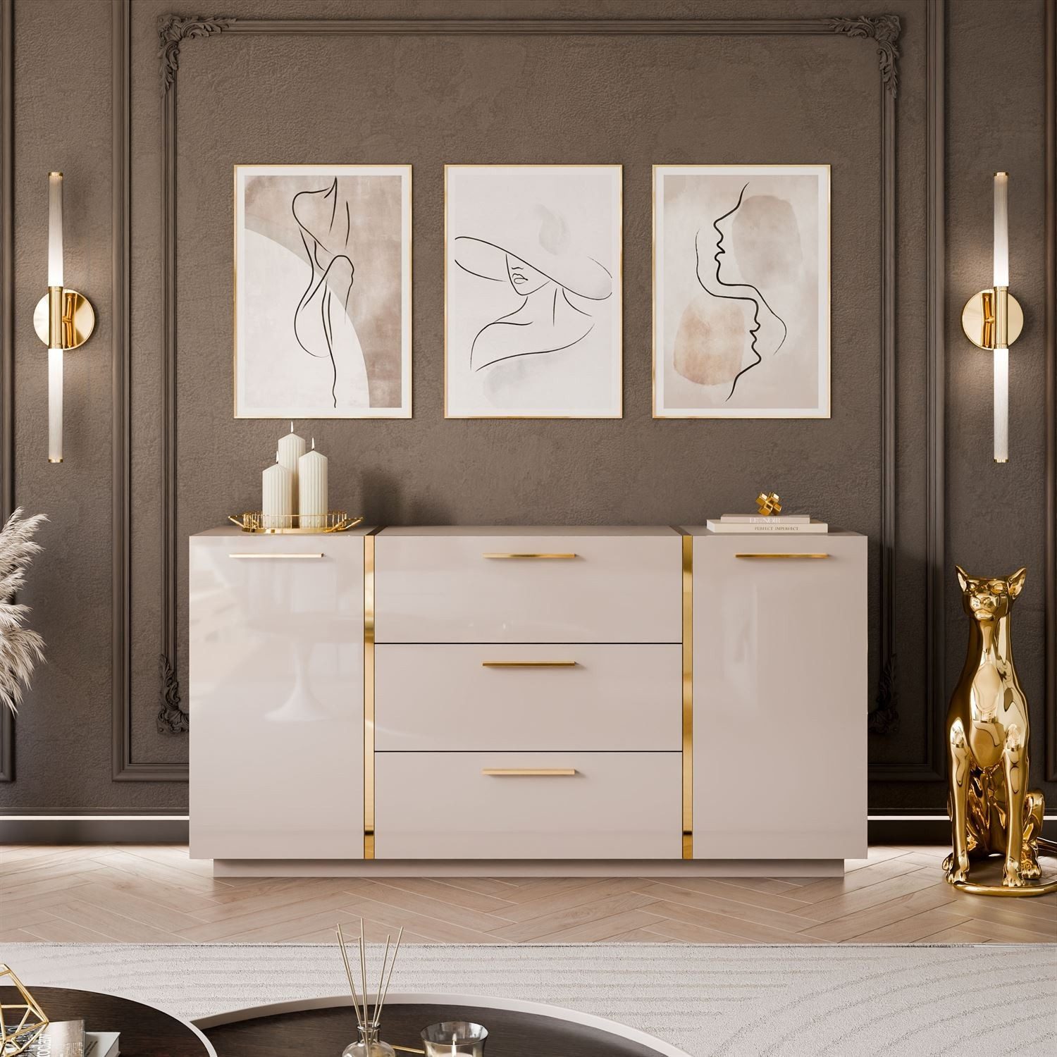 Lookway Kommode mit Schubladen ONYX Kaschmir Hochglanz 158 cm, 158x41,3x81 cm – Bild 2 von 5