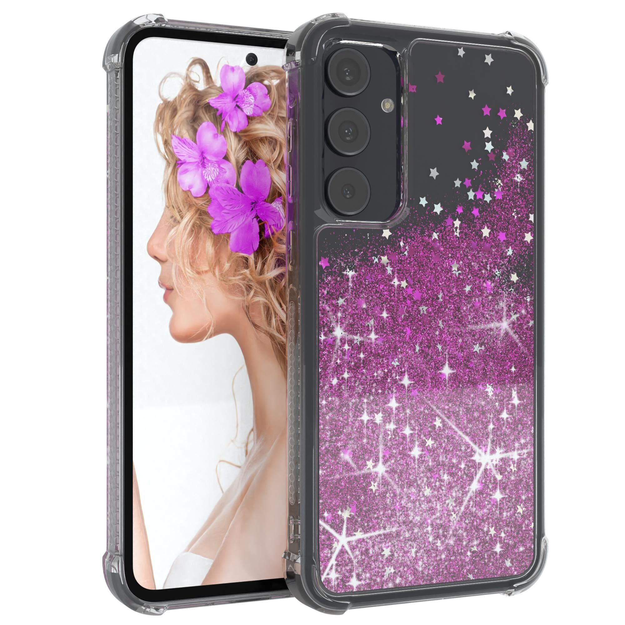 EAZY CASE Handyhülle Liquid Glittery Case für Samsung Galaxy A35 6,6 Zoll, Bumper Case Back Cover Glitter Glossy Handyhülle Etui Violett Lila