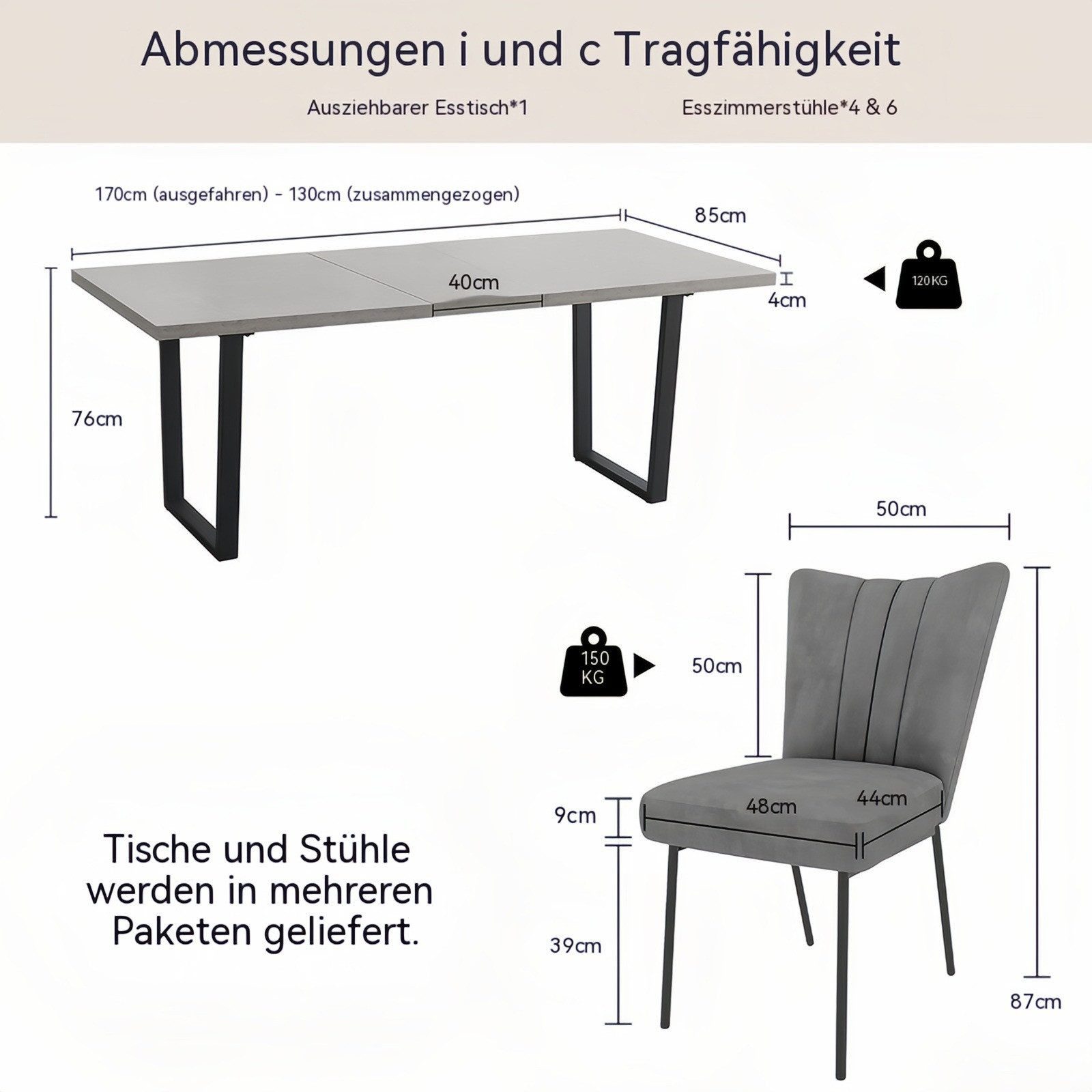 Jiexi Essgruppe Tisch-und Stuhlset, Ausziehbarer Esstisch (130–170 cm) mit 4-6 Stühlen