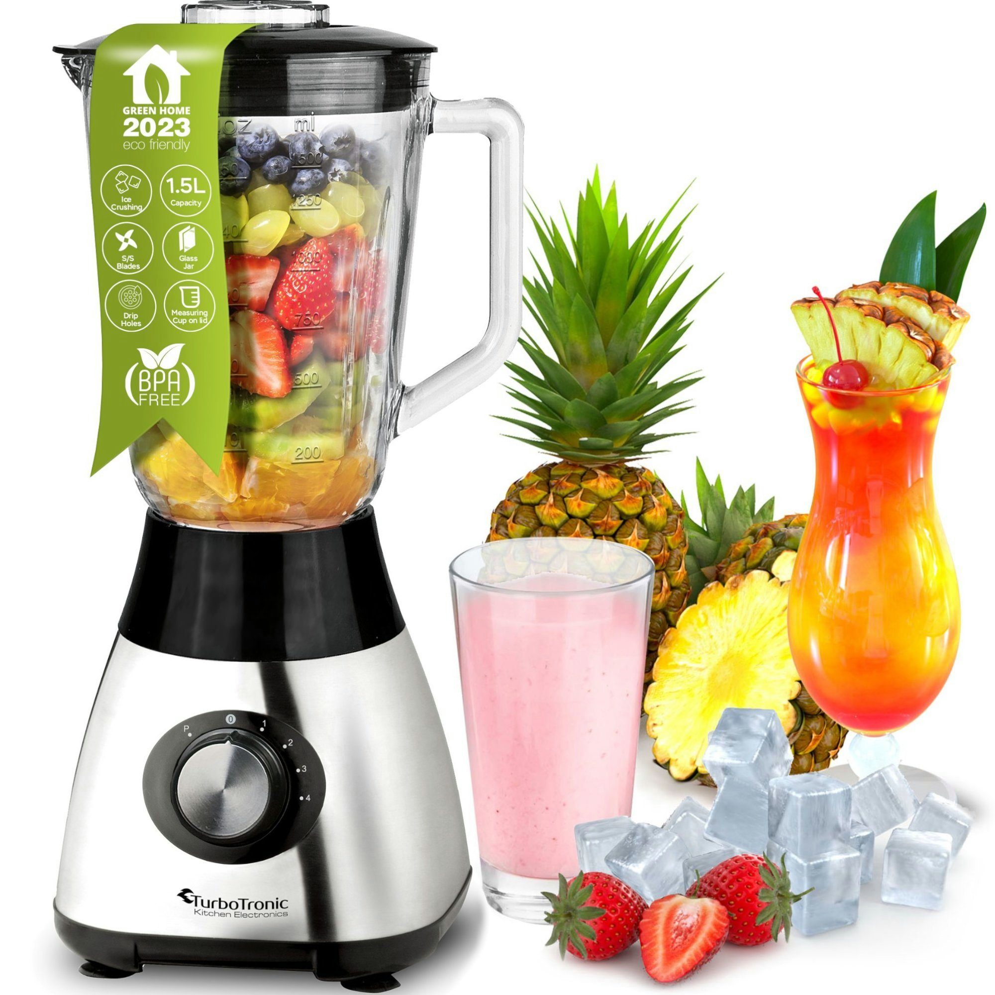 TurboTronic by Z-Line Міксери настільні BG5 - 1200 Watt mit 1,5L Glasbehälter, 1200 W, Edelstahl Glas Smoothie Mixer Maker Ice Crush Funktion Blender