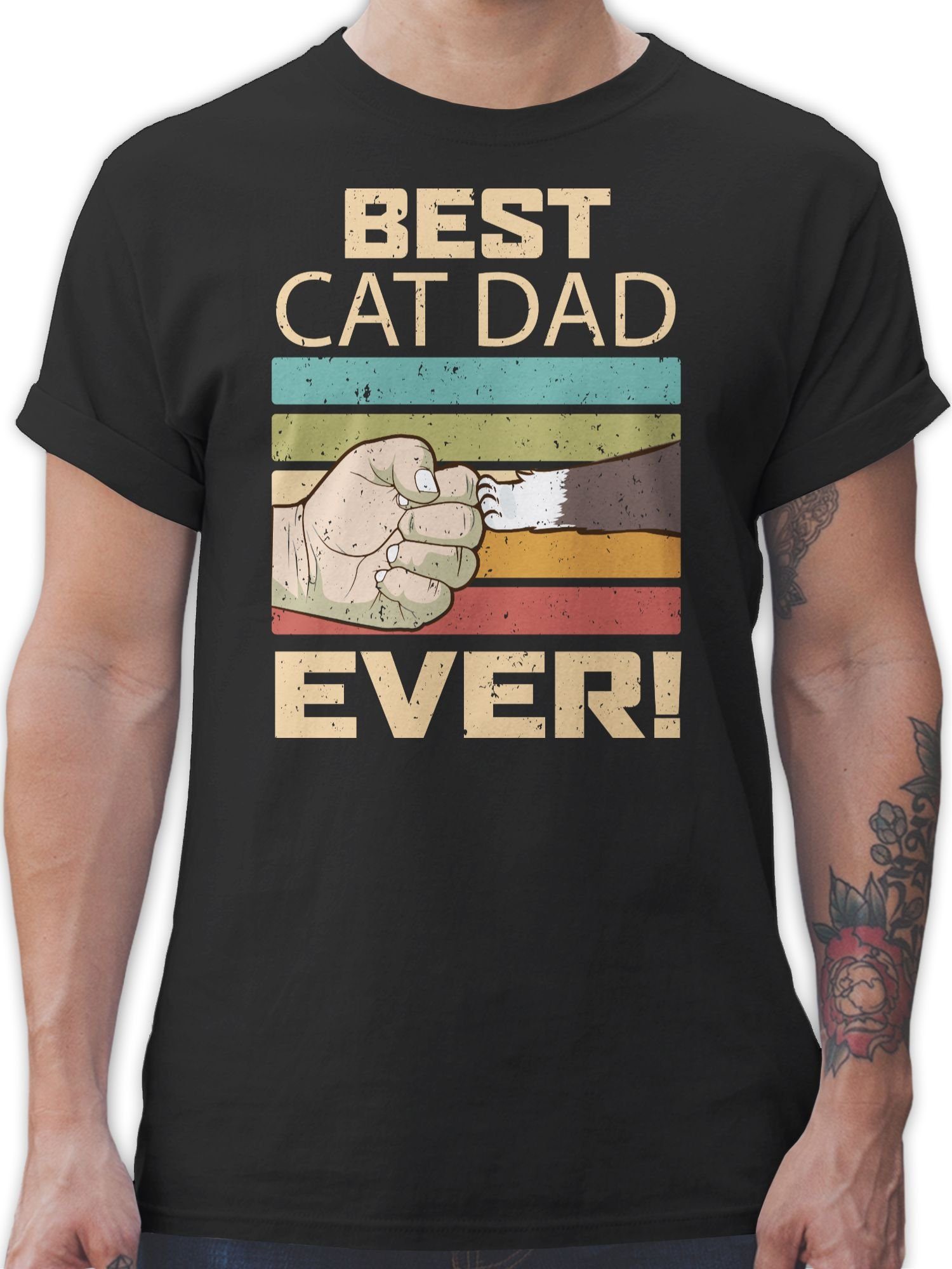 Shirtracer T-Shirt Best Cat Dad Ever - Vintage beige Katzenbesitzer Geschenk 01 Schwarz