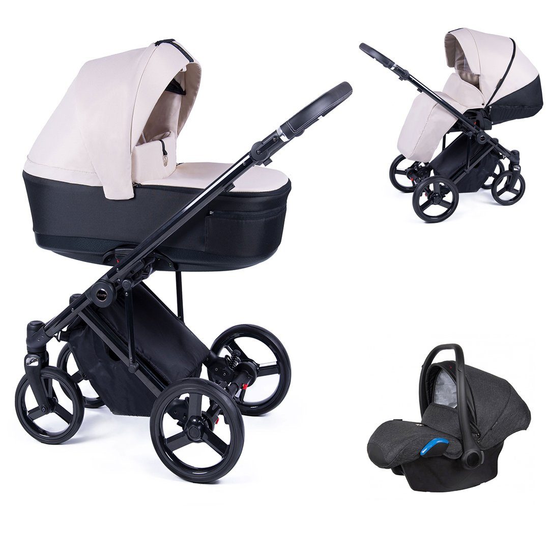 babies-on-wheels Kombi-Kinderwagen 3 in 1 Kinderwagen-Set Fado - 15 Teile - in 24 Designs Creme = Gestell schwarz