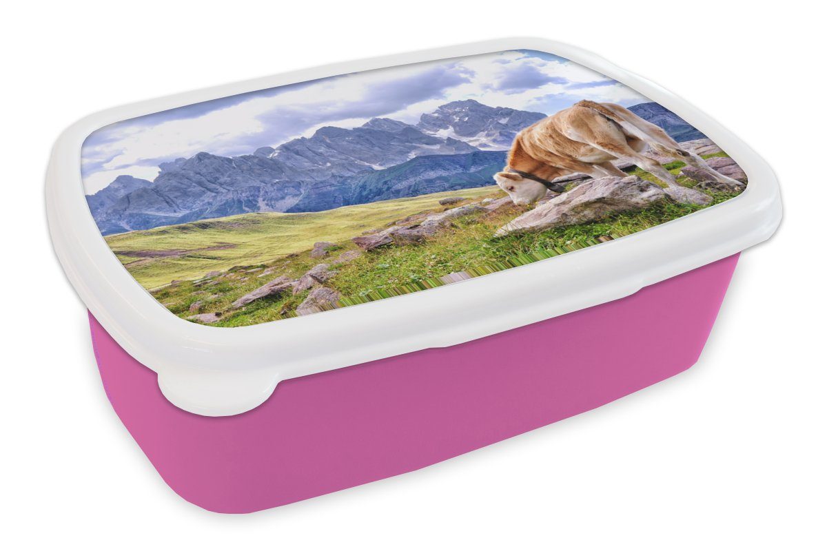 MuchoWow Lunchbox Alpen - Kuh - Berg, Kunststoff, (2-tlg), Brotbox für Erwachsene, Brotdose Kinder, Snackbox, Mädchen, Kunststoff rosa