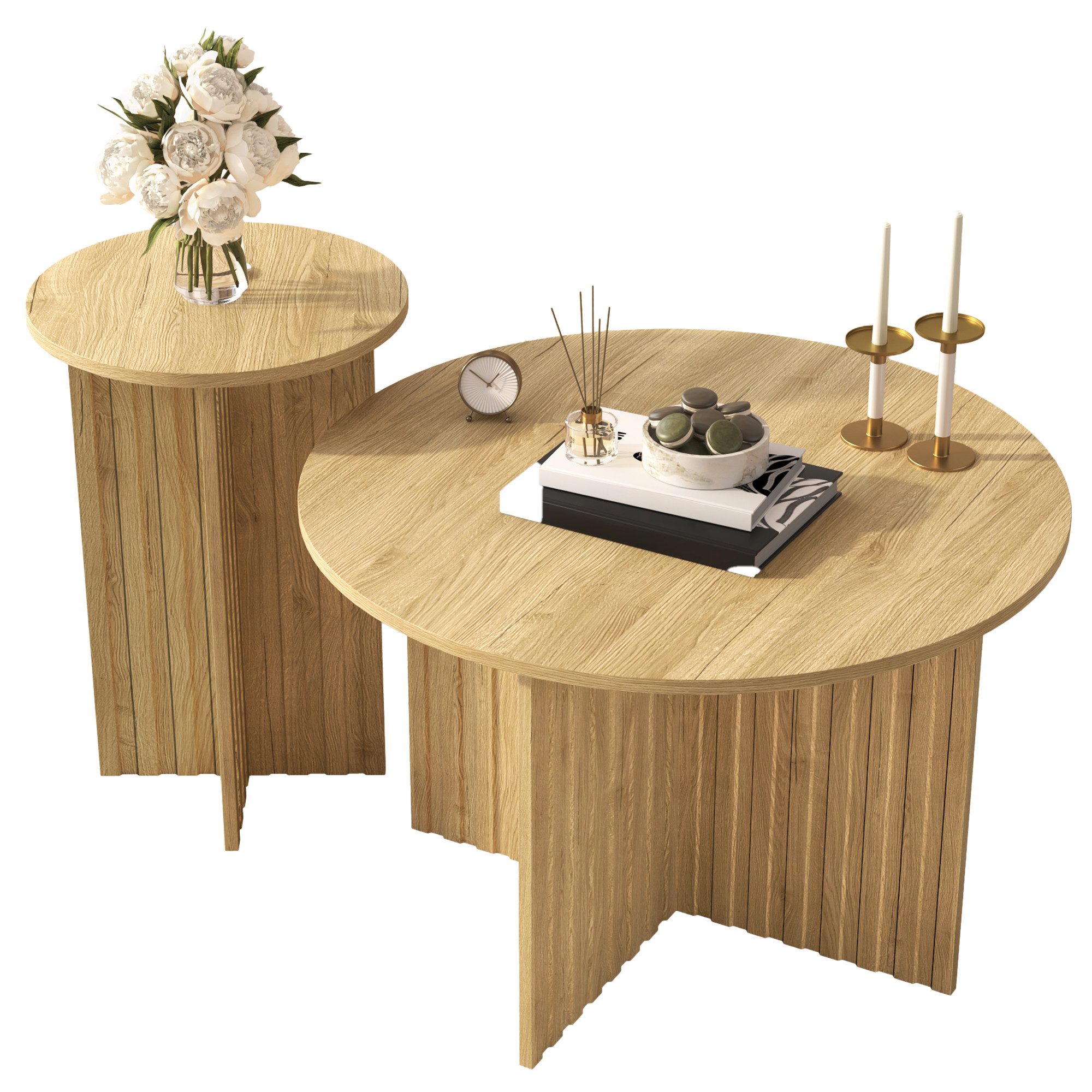BlingBin Couchtisch Modernes 2-teiliges Holz-Nest-Tisch-Set, Kaffeetisch Beistelltisch (Runde Sofatisch und Satztisch im Skandinavischen Design, 2-St., Gesamtabmessungen: 76*76*50cm & 40*40*56,5cm, Produktladung: 45kg), Teetisch für Wohnzimmer, Platzsparend, Spanplatte, Holzfarbe