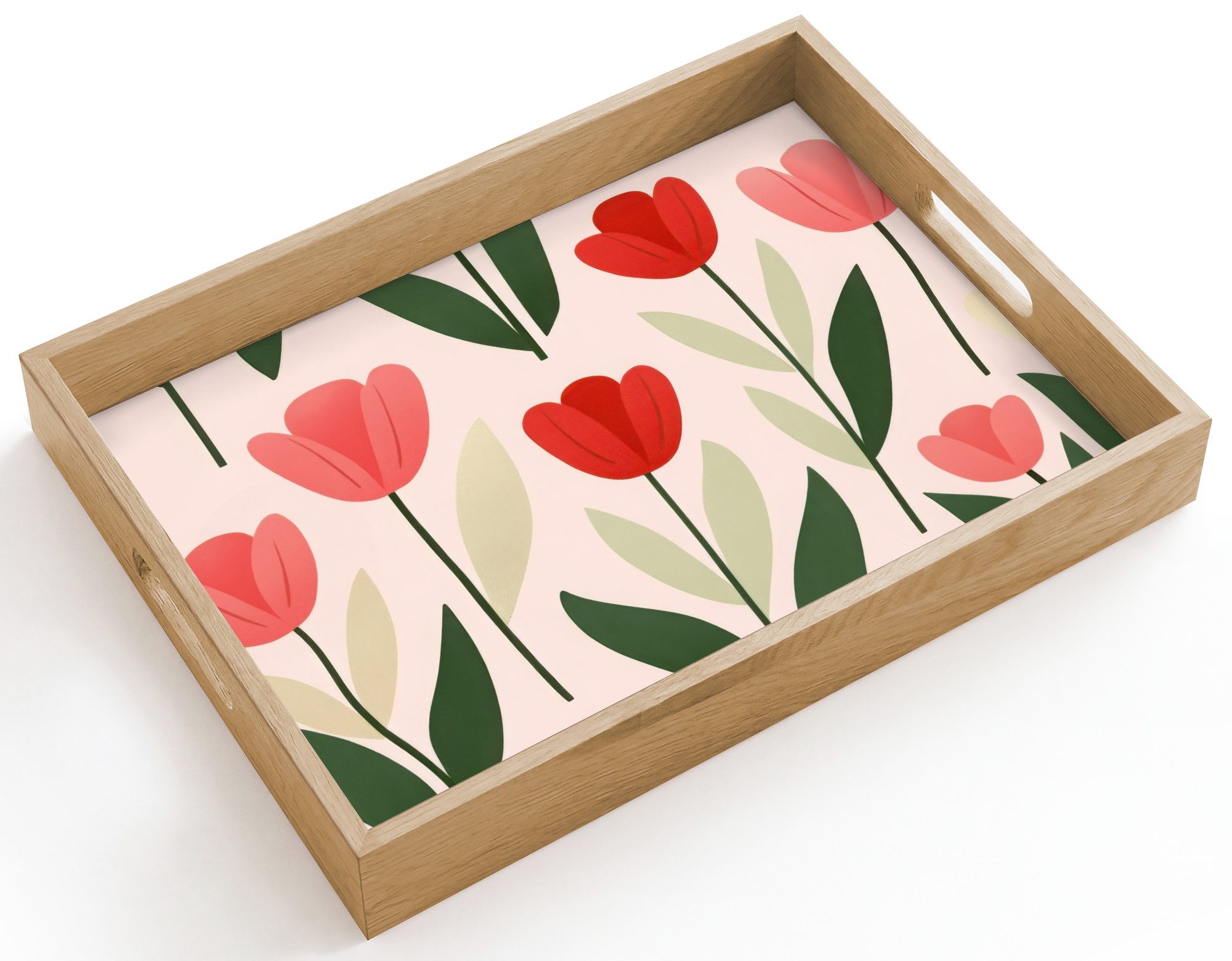 OnlyWow Tablett Rechteckig mit Henkel Tulpen - Modern - Rosa, Eichenholz, (1-tlg), Siervierplatte, Tray, Frühstücksbrett