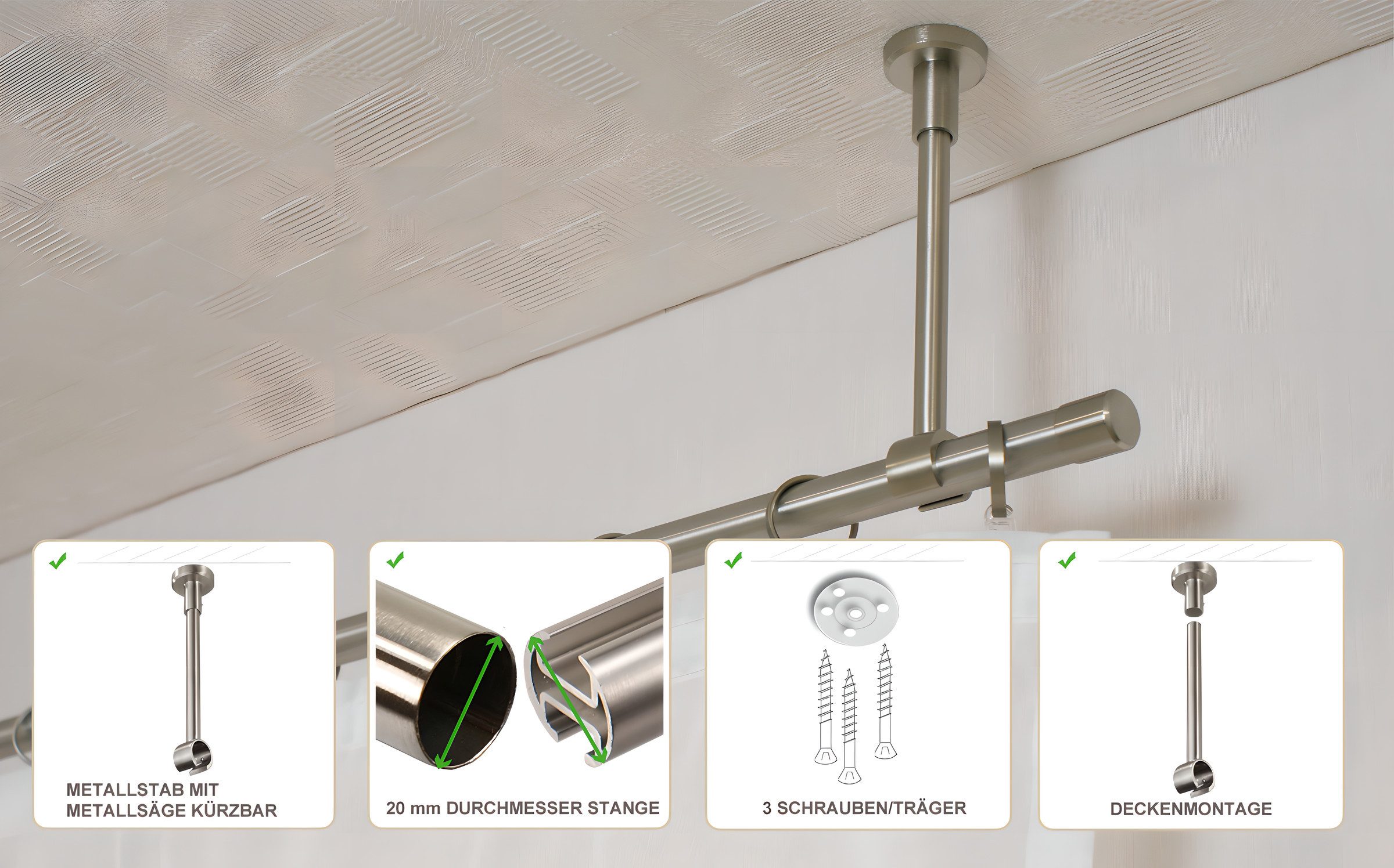 iso-design Gardinenstangenhalter Deckenträger für 20 mm Gardinenstangen großer Deckenabstand kürzbar, 20 mm, (1 Stück), Deckenabstand mit Metallsäge kürzbar – Bild 5 von 5