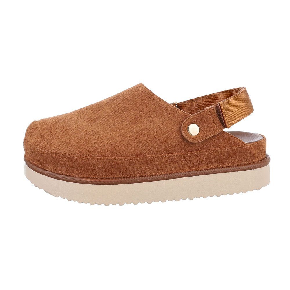 Ital-Design Damen Mules Freizeit Plateausandaletten Flach Pantoletten in Camel